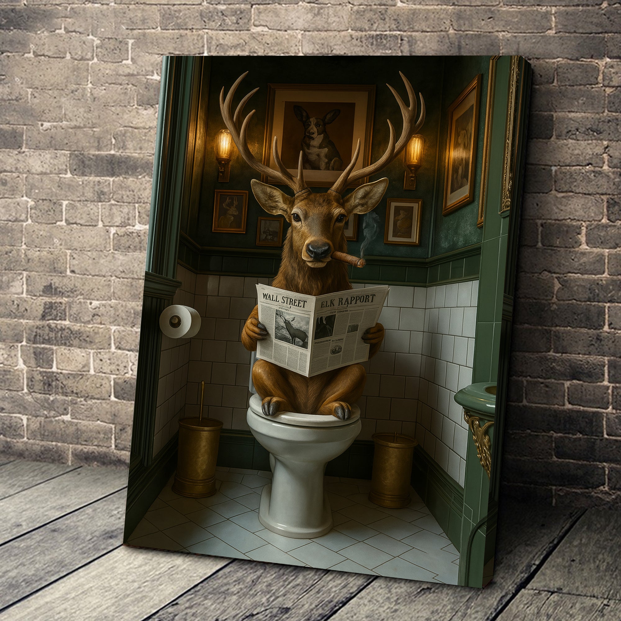 Funny Deer on Toilet Canvas Art – Stylish Animal Wall Art with Smoking and Wall Street Newspaper – Unique Bathroom Decor
