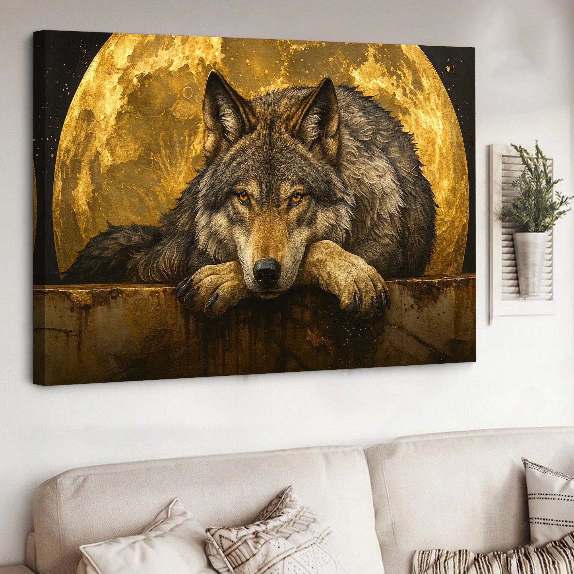 Wolf Canvas Wall Art – Majestic Wolf with Full Moon – Rustic Wildlife Decor for Cabin, Lodge, and Nature Lovers