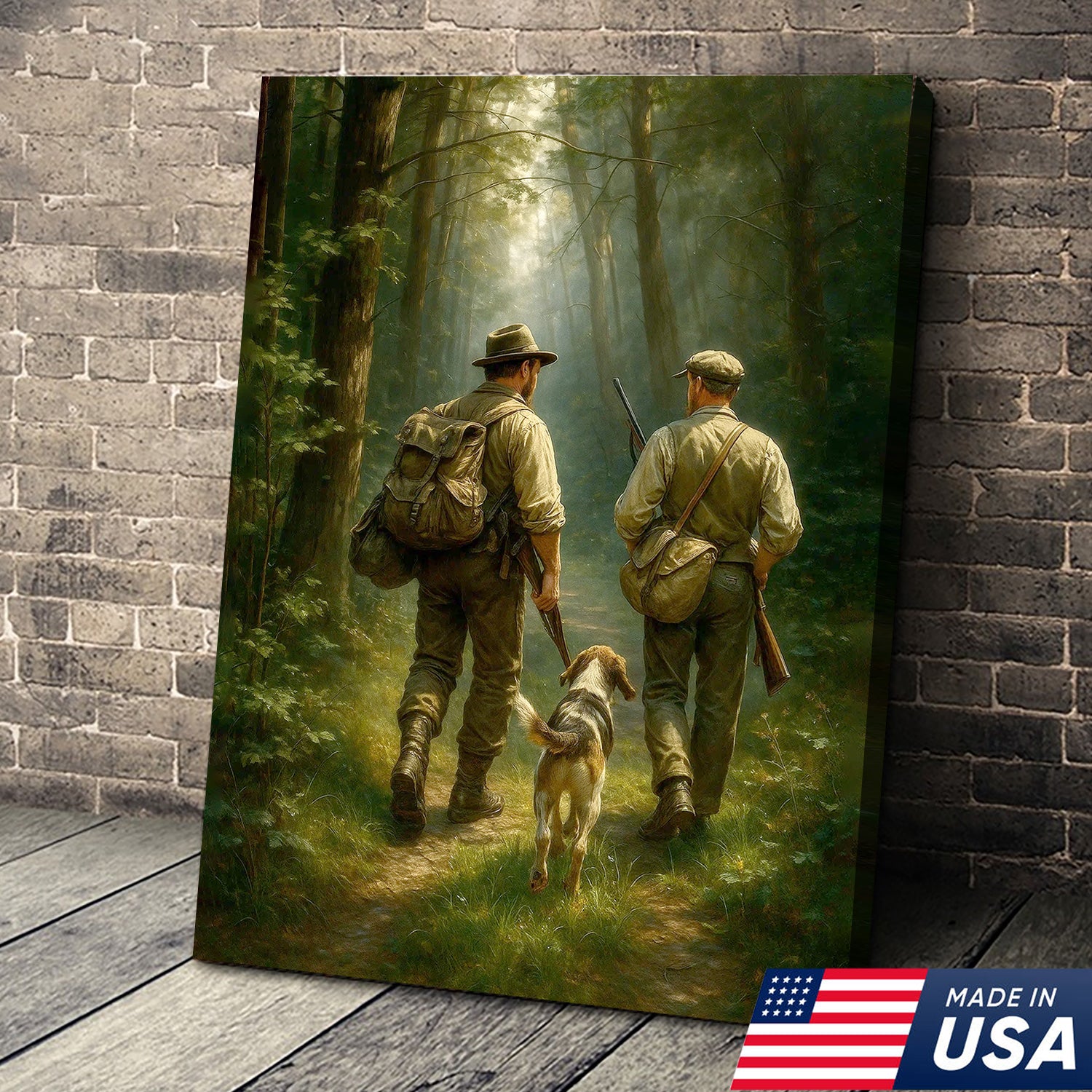 Hunting Canvas Wall Art – Hunters Walking with Dog in Forest – Rustic Cabin Decor for Lodge and Outdoor Enthusiasts