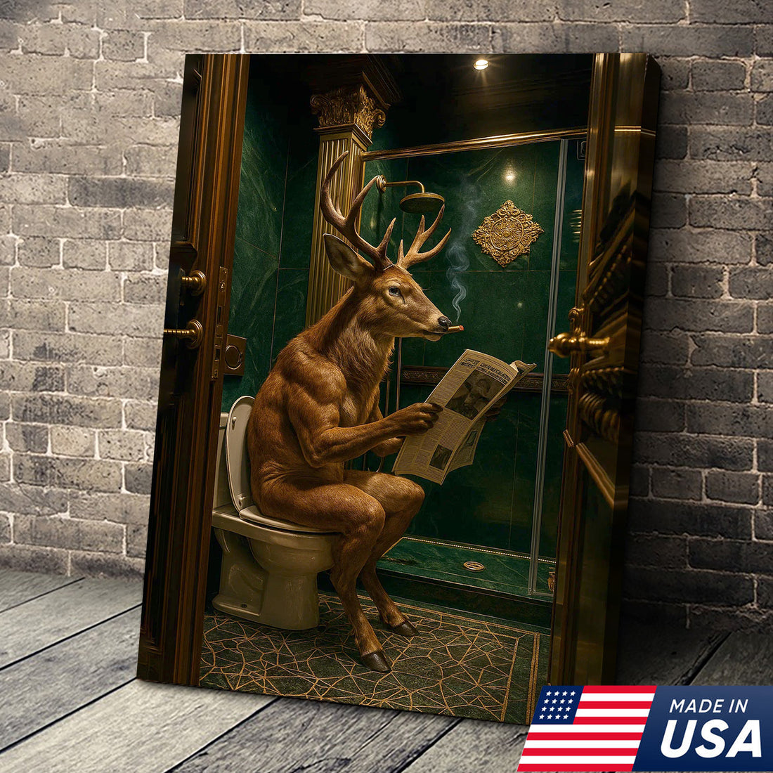Funny Deer Canvas Wall Art - Anthropomorphic Deer Reading Newspaper in Bathroom, Surreal Animal Decor for Rustic & Modern Homes