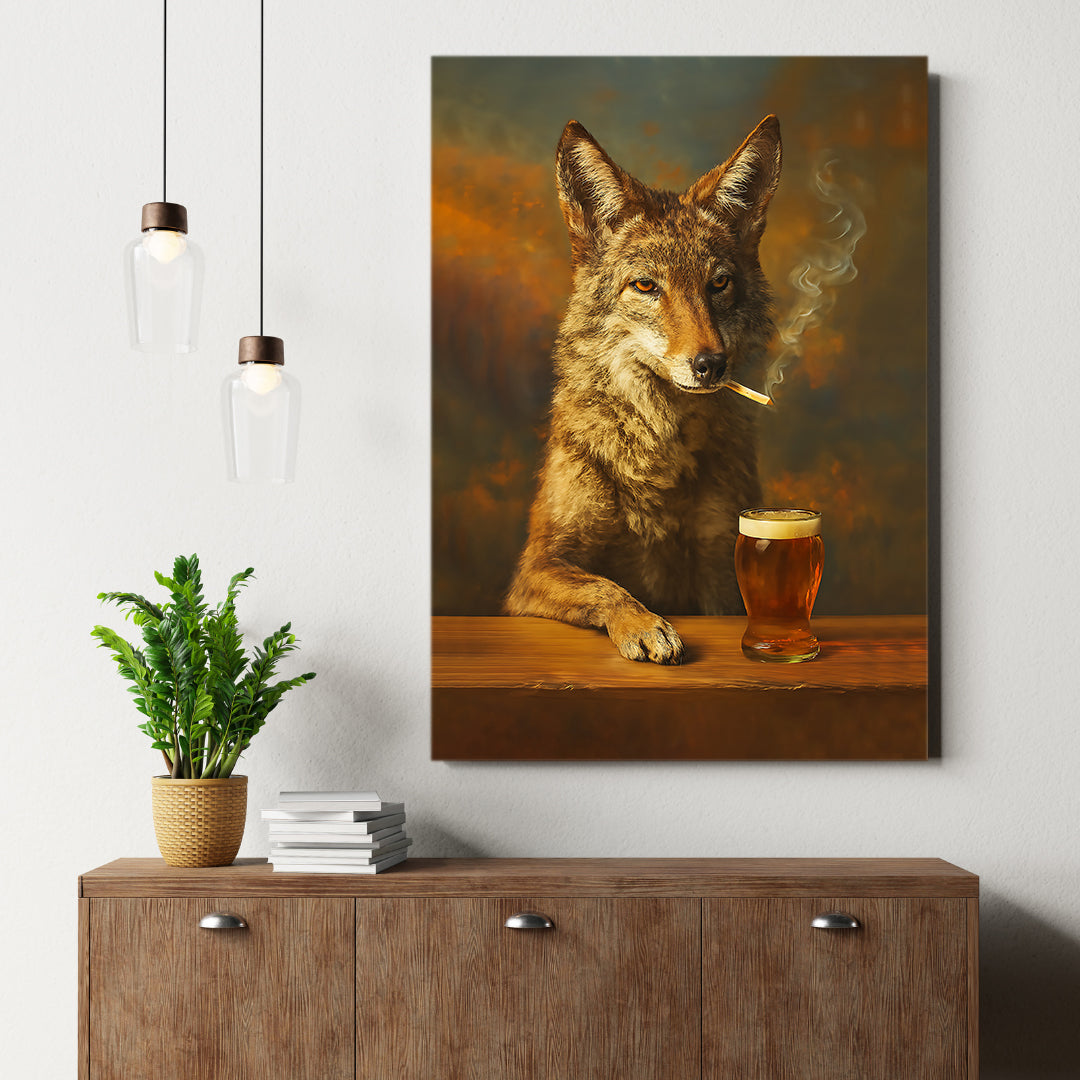 Smoking Wolf Coyote with Cocktail Glasses Canvas – Funny Hunting Wall Art for Man Caves - Hilarious Gift for Outdoorsmen