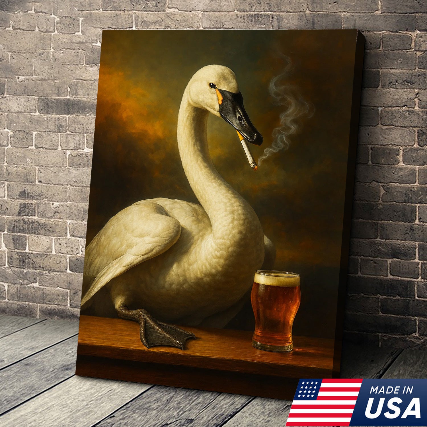 Rustic Tundra Swan Canvas Wall Art – Elegant Wildlife Bar Scene with Beer – Hunting Cabin Lodge Decor