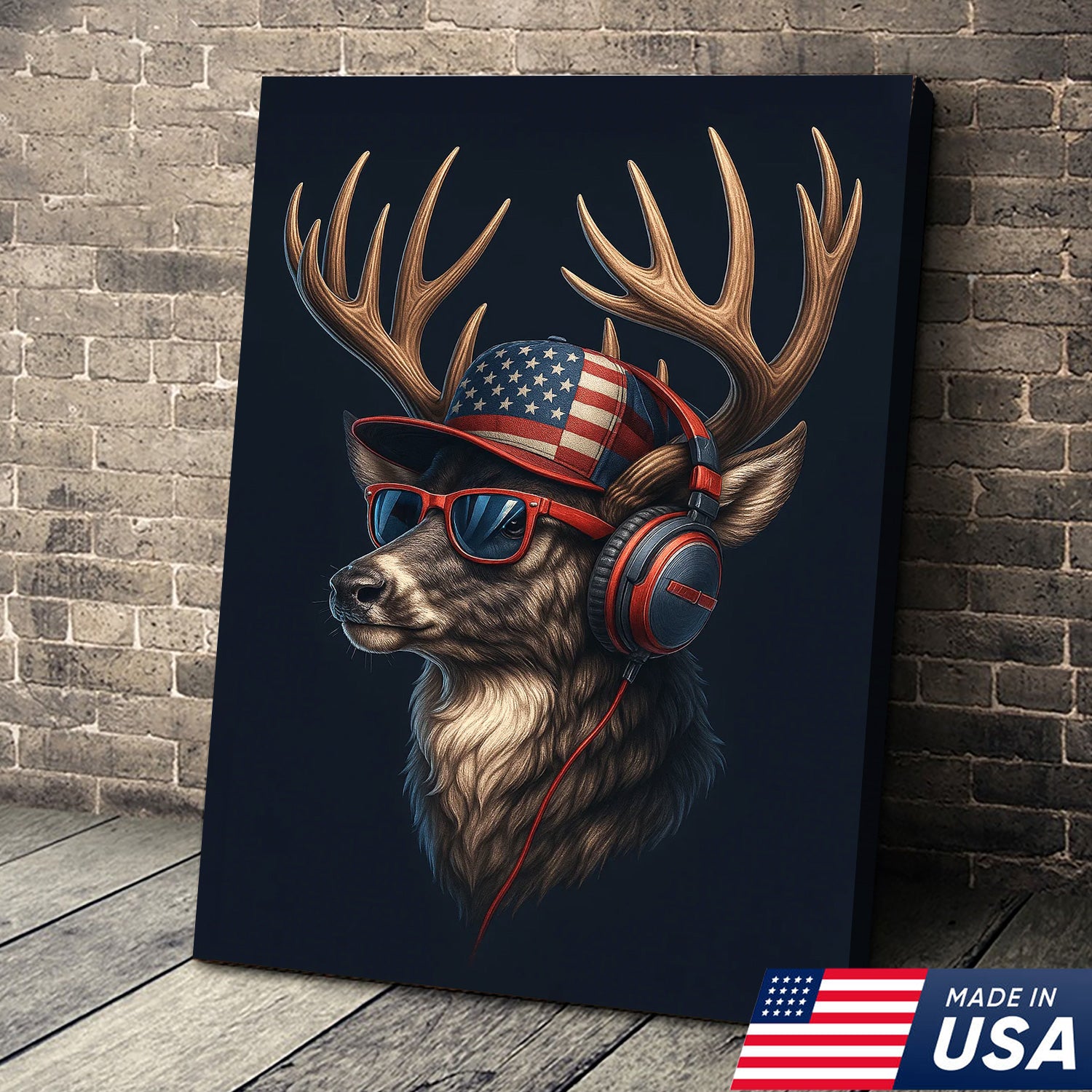 Patriotic Deer Wall Art Canvas – Cool Buck with American Flag Hat and Headphones – Rustic Hunting Lodge Decor USA