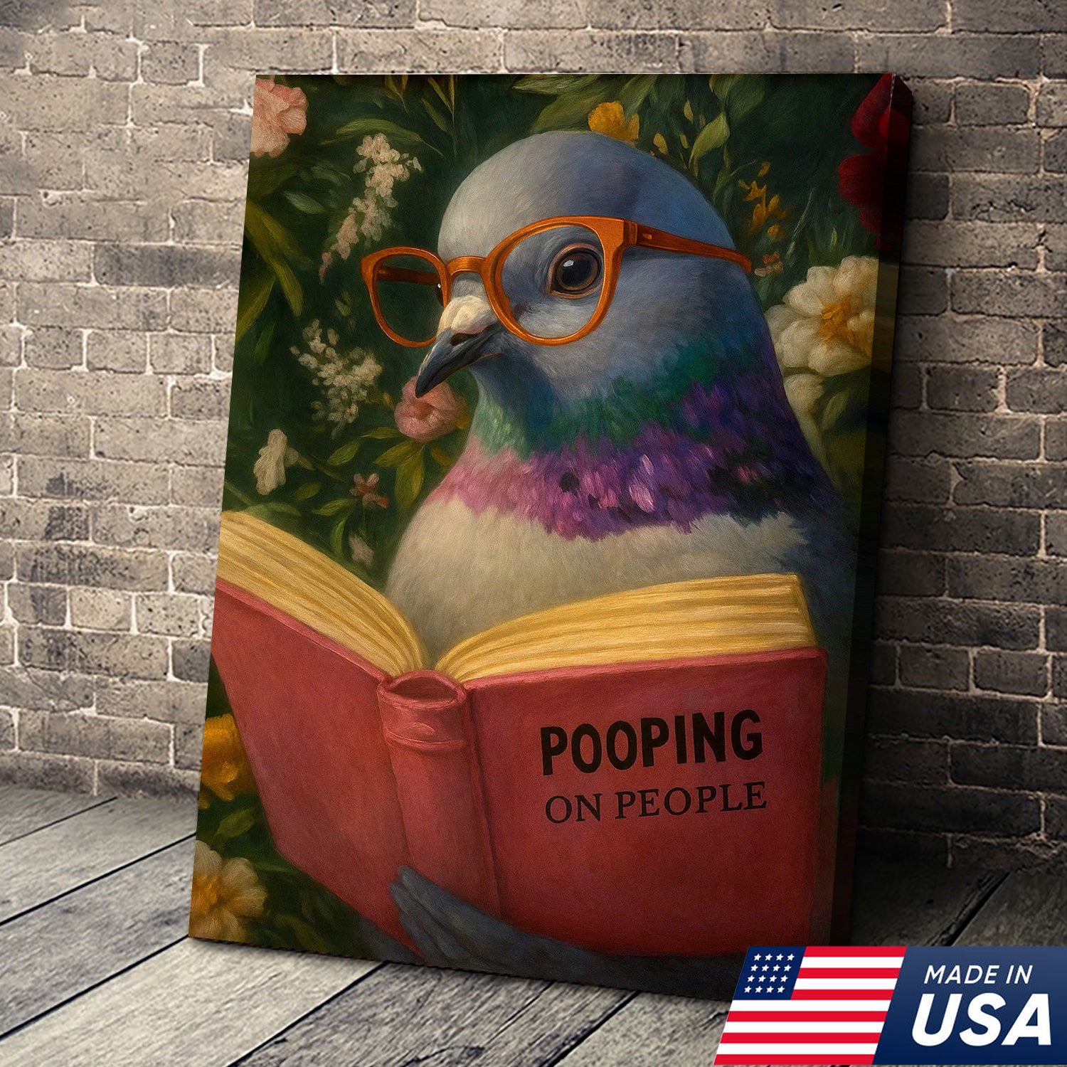 Funny Pigeon Canvas Wall Art - Reading Bird with Glasses Design - Quirky Animal Artwork for Home Decor