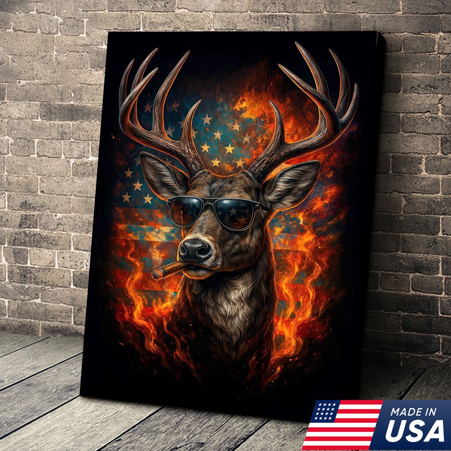 Patriotic Deer Wall Art Canvas – Cool Buck with Sunglasses and American Flag – Rustic Hunting Lodge Decor USA