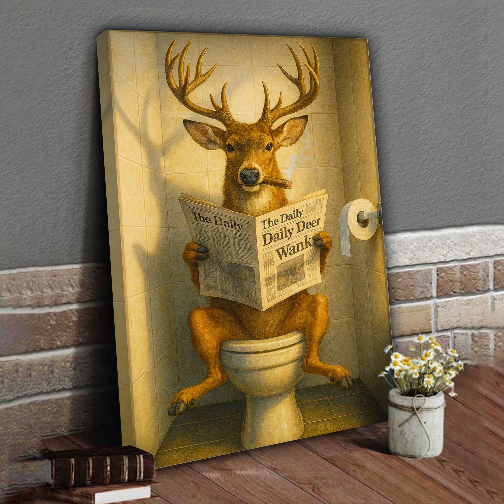 Funny Deer on Toilet Canvas – Quirky Animal Art Print with Smoking and Newspaper for Unique Wall Decor