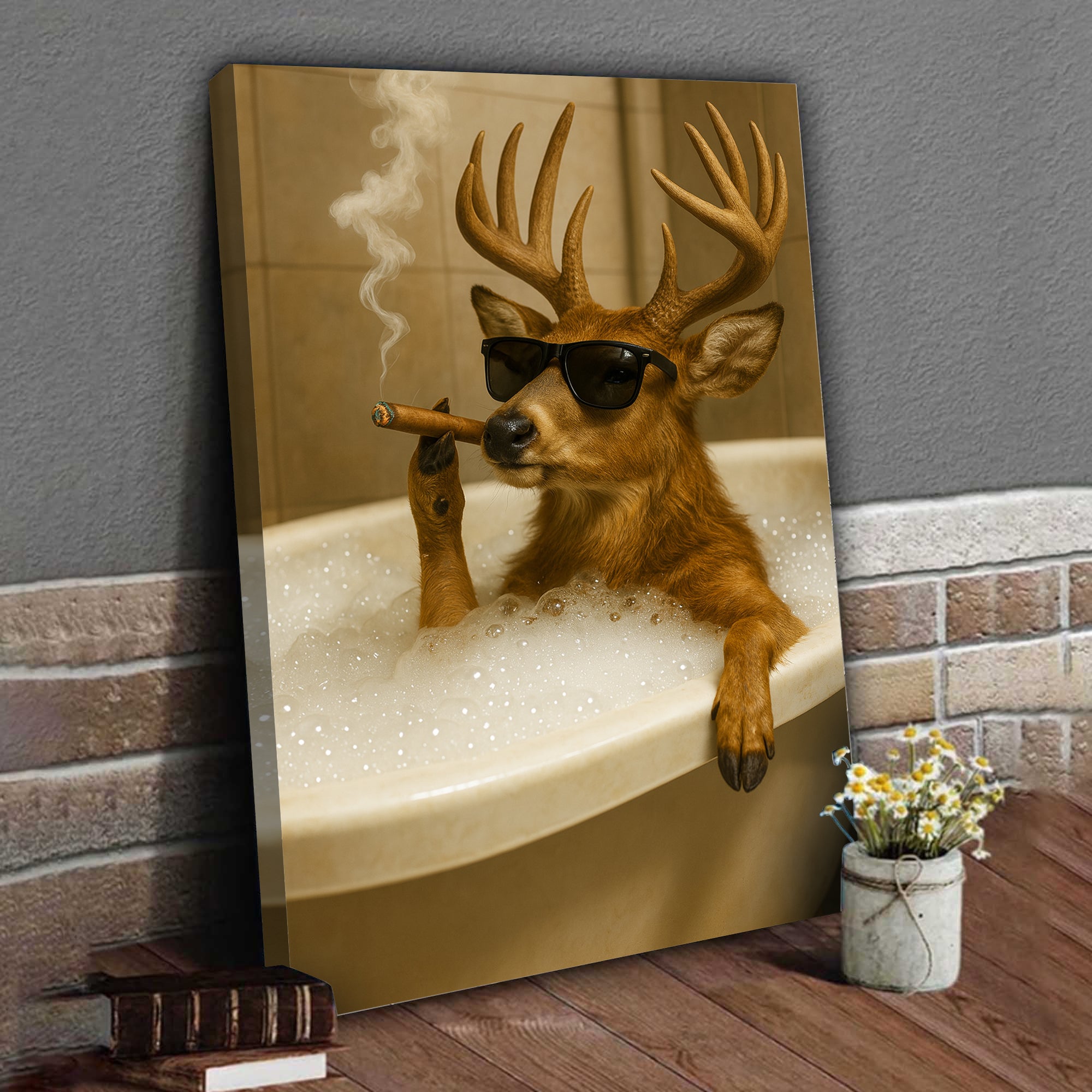Funny Deer in Bathtub Canvas – Retro Animal Art Print with SunGlasses and Smoking for Unique Wall Decor