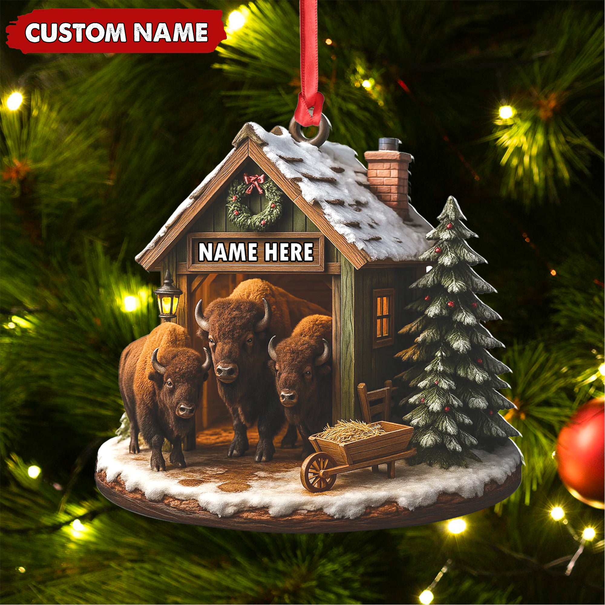 Personalized Acrylic Bison Christmas Ornament – Custom Buffalo Barn Holiday Decor