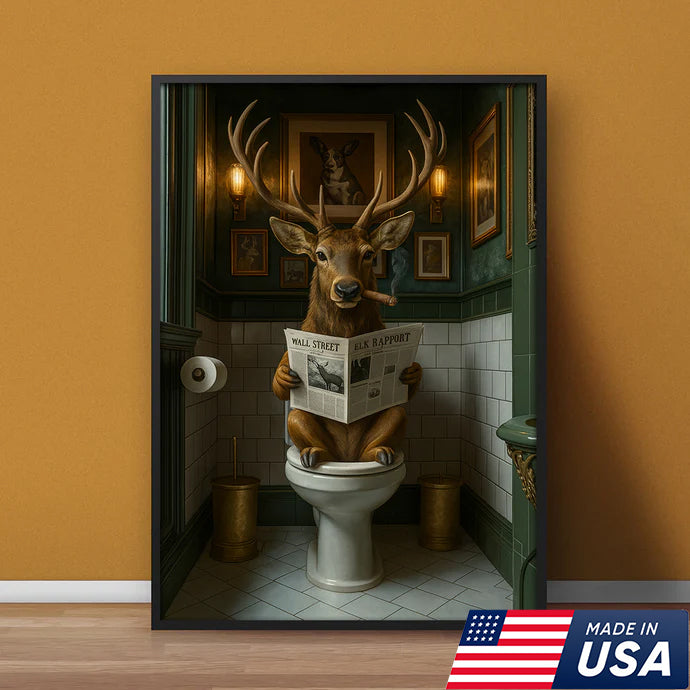 Funny Deer on Toilet Canvas Art – Stylish Animal Wall Art with Smoking and Wall Street Newspaper – Unique Bathroom Decor