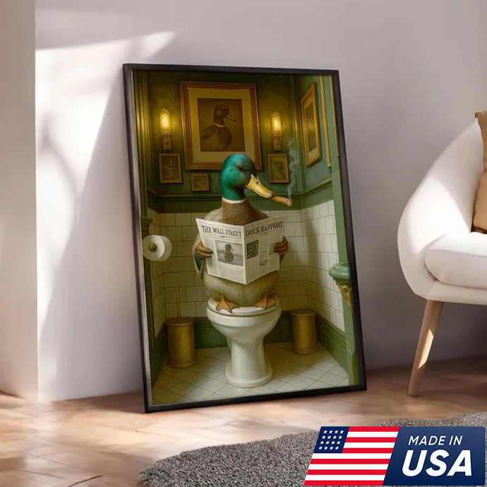 Duck Reading News Bathroom Wall Art – Rustic Decor for Men, Hunting Cabin Poster Hunters