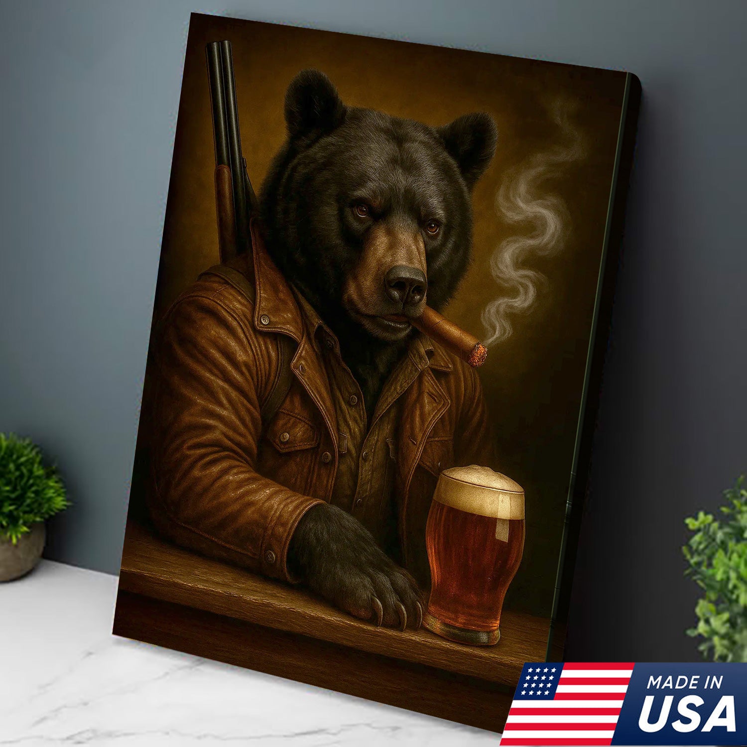 Black Bear Canvas Wall Art – Surreal Hunter Portrait with Beer Glass, Rustic Lodge Decor