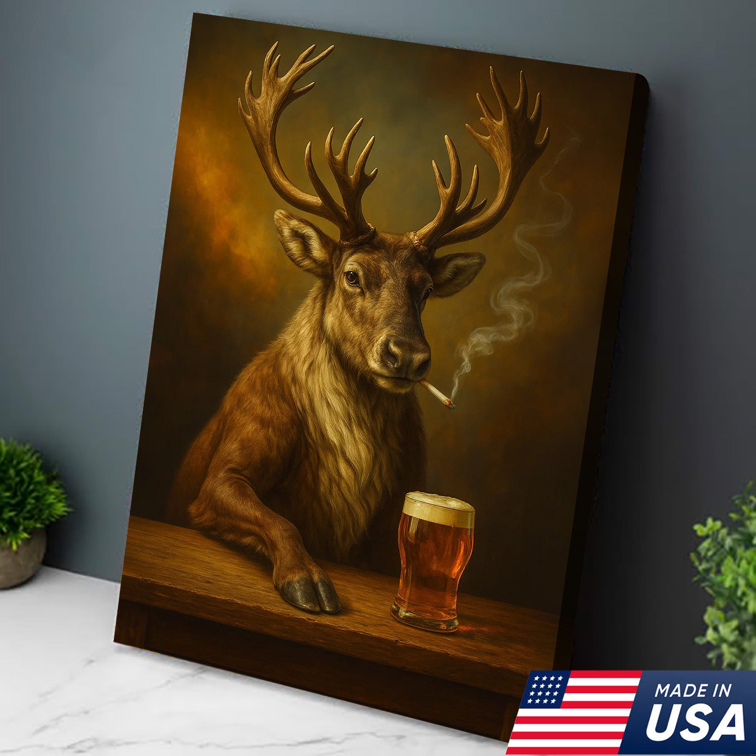 Rustic Caribou Canvas Wall Art – Majestic Caribou with Beer Glass – Hunting Cabin Lodge Decor