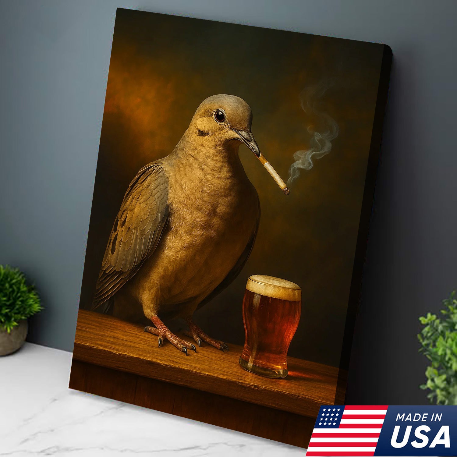 Rustic Mourning Dove Canvas Wall Art – Unique Wildlife Bar Scene with Beer – Hunting Cabin Lodge Decor