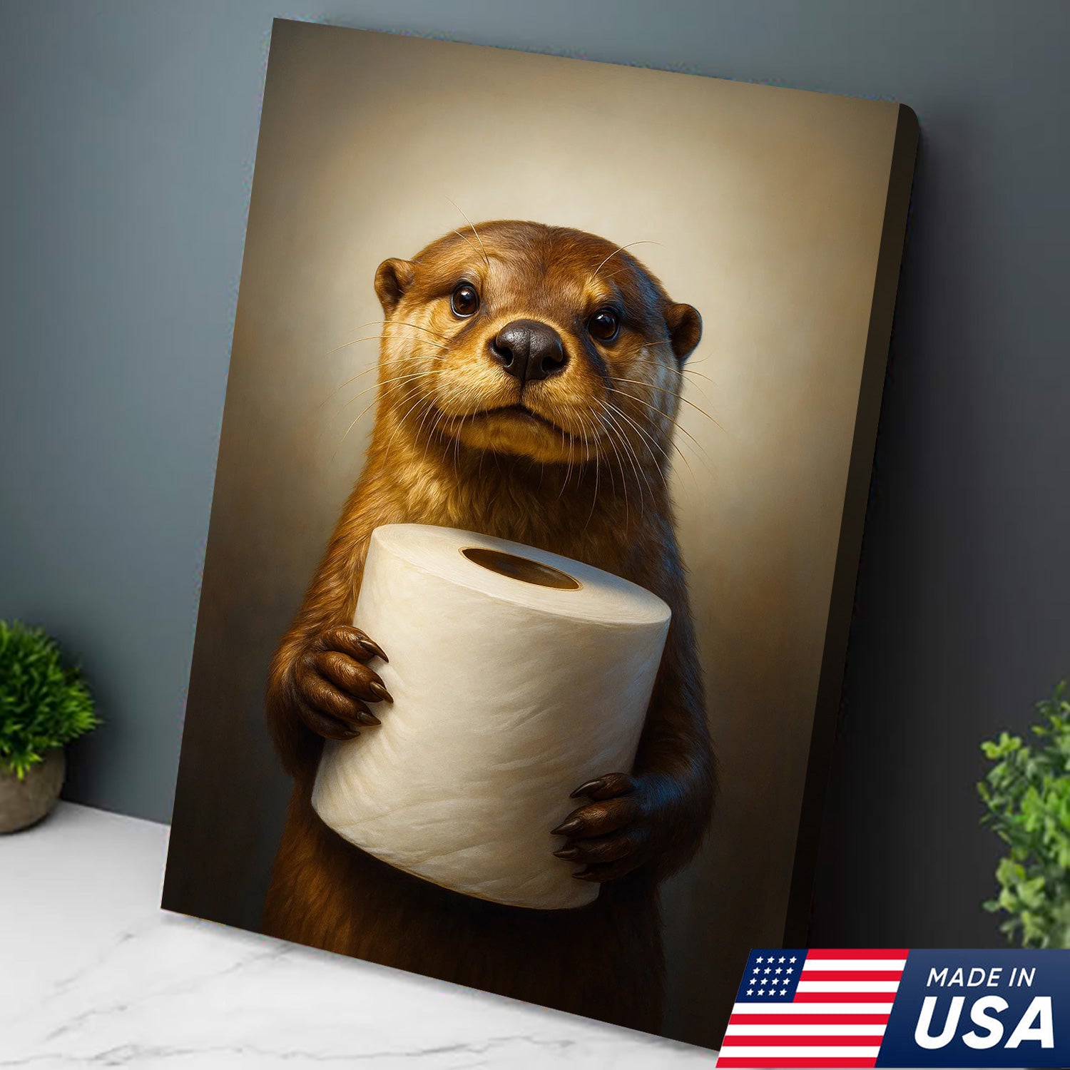 Funny Otter Canvas Wall Art - Cute Bathroom Decor with Toilet Paper - Rustic Wildlife Print