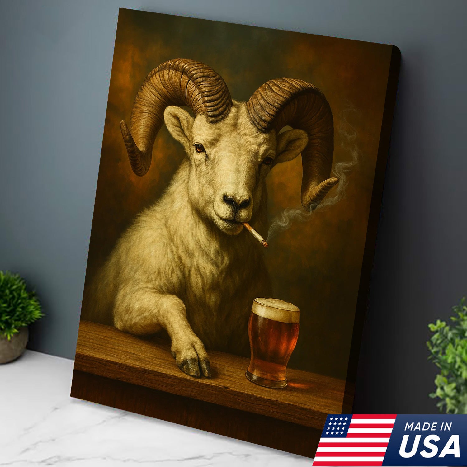 Rustic Dall Sheep Canvas Wall Art – Majestic Mountain Sheep with Beer Glass – Hunting Cabin Lodge Decor