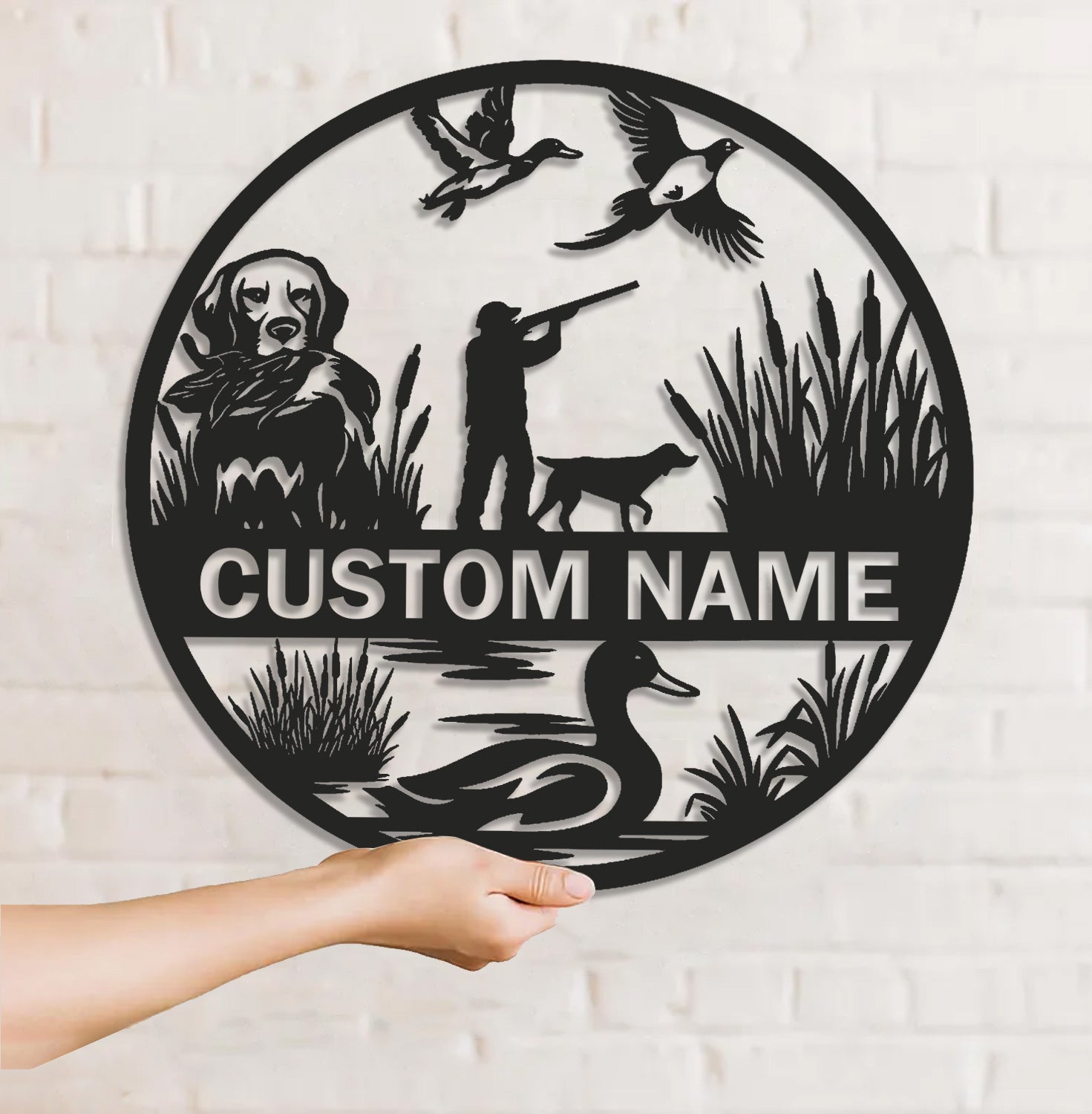 Personalized Metal Sign WITH LED/WITHOUT LED – Duck Hunting Scene with Dog and Hunter – Custom Rustic Wall Decor for Cabin and Lodge