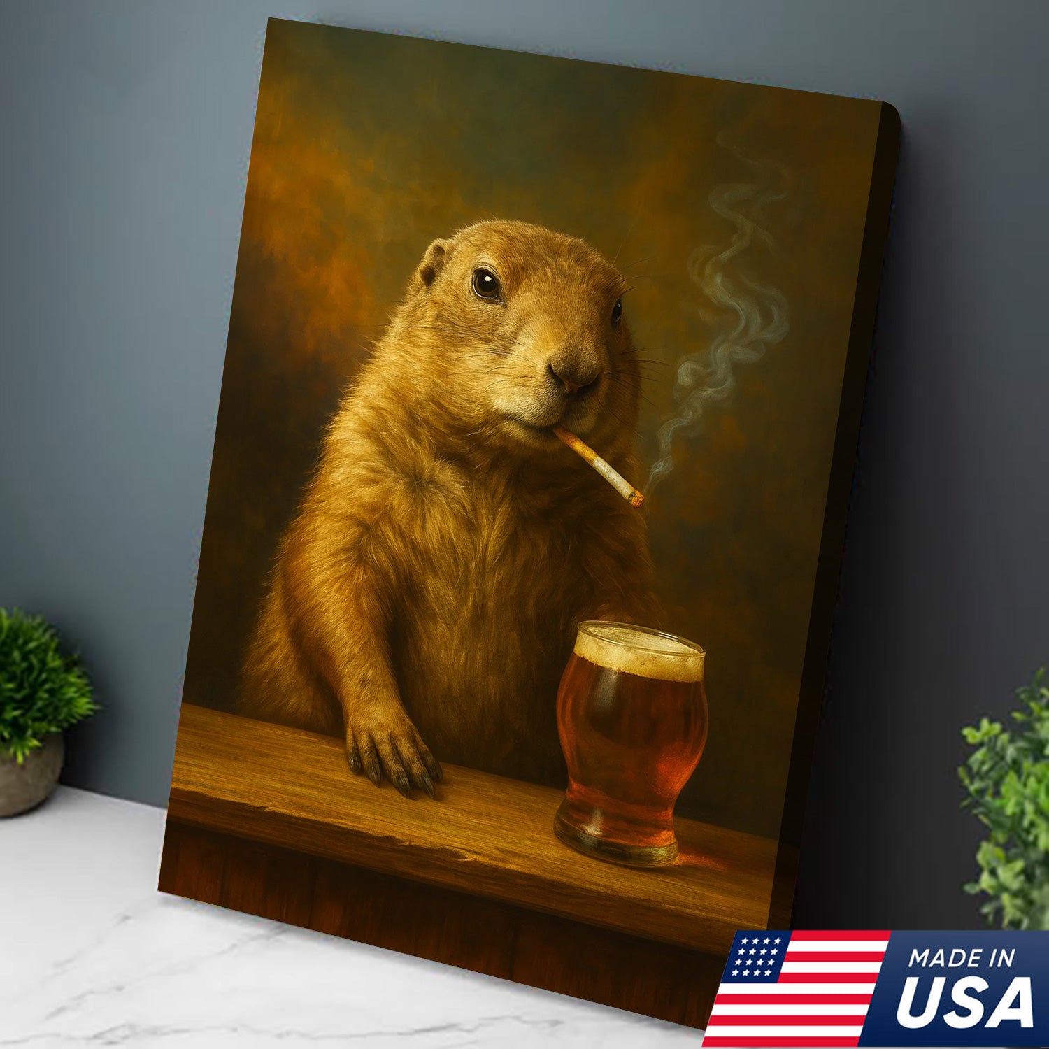 Rustic Prairie Dog Canvas Wall Art – Funny Wildlife Bar Scene with Beer – Hunting Cabin Lodge Decor