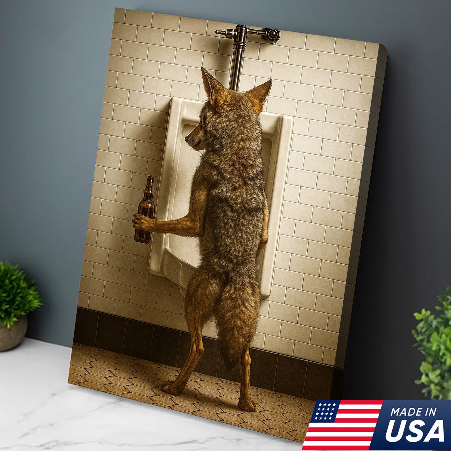 Hilarious Coyote Canvas Wall Art – Funny Bathroom Humor Decor – Rustic Hunting Cabin Gag Gift – Quirky Lodge Animal Artwork