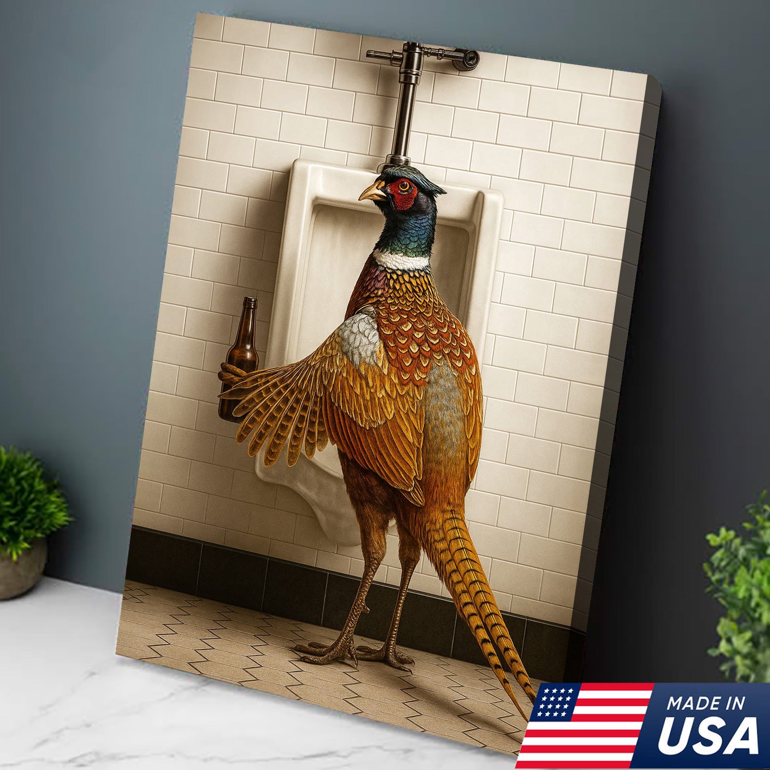 Funny Pheasant Canvas Wall Art – Hilarious Bathroom Humor Decor – Rustic Hunting Cabin Gag Gift – Quirky Lodge Animal Artwork
