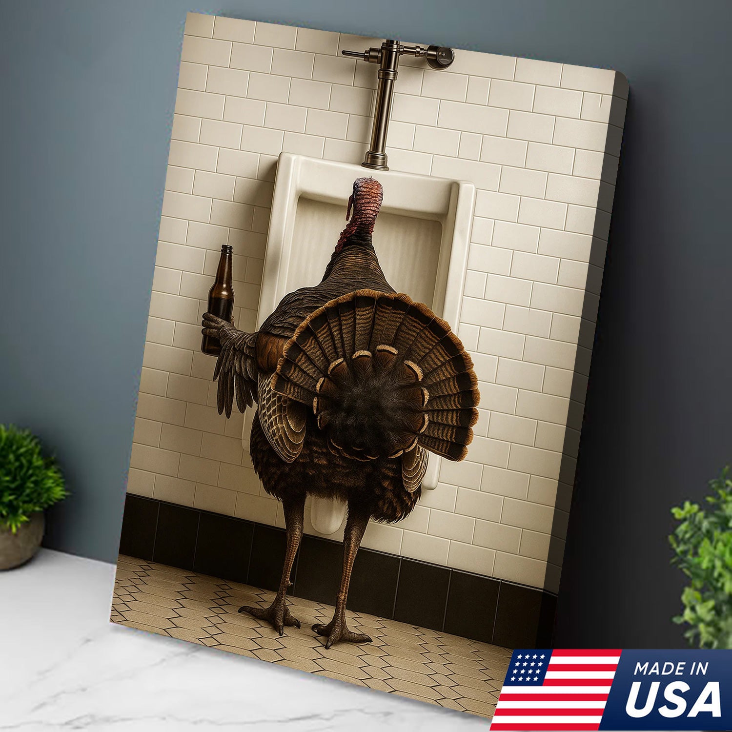 Hilarious Turkey Canvas Wall Art – Funny Bathroom Humor Decor – Rustic Hunting Cabin Gag Gift – Quirky Lodge Farmhouse Animal Artwork