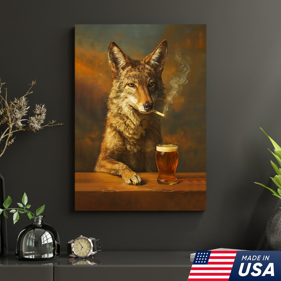Smoking Wolf Coyote with Cocktail Glasses Canvas – Funny Hunting Wall Art for Man Caves - Hilarious Gift for Outdoorsmen