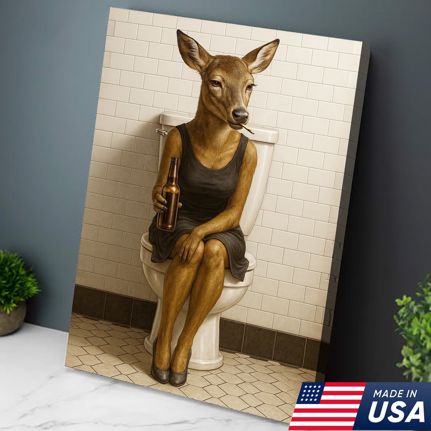 Funny Doe Canvas Wall Art – Hilarious Bathroom Humor Decor – Rustic Cabin Lodge Gag Gift