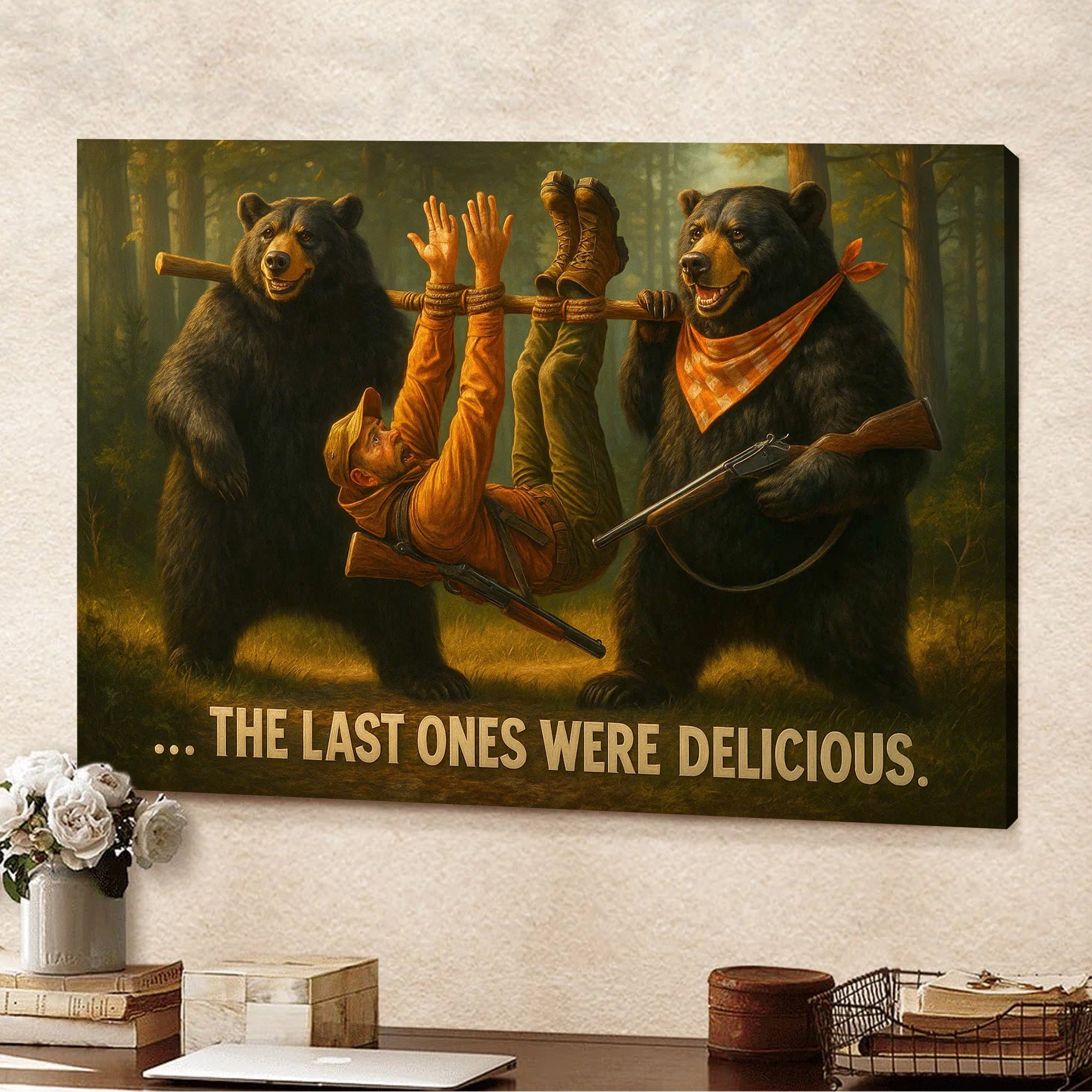 Funny Bear Hunting Canvas Wall Art - Hilarious Wilderness Scene with Hunter - Rustic Cabin and Lodge Decor