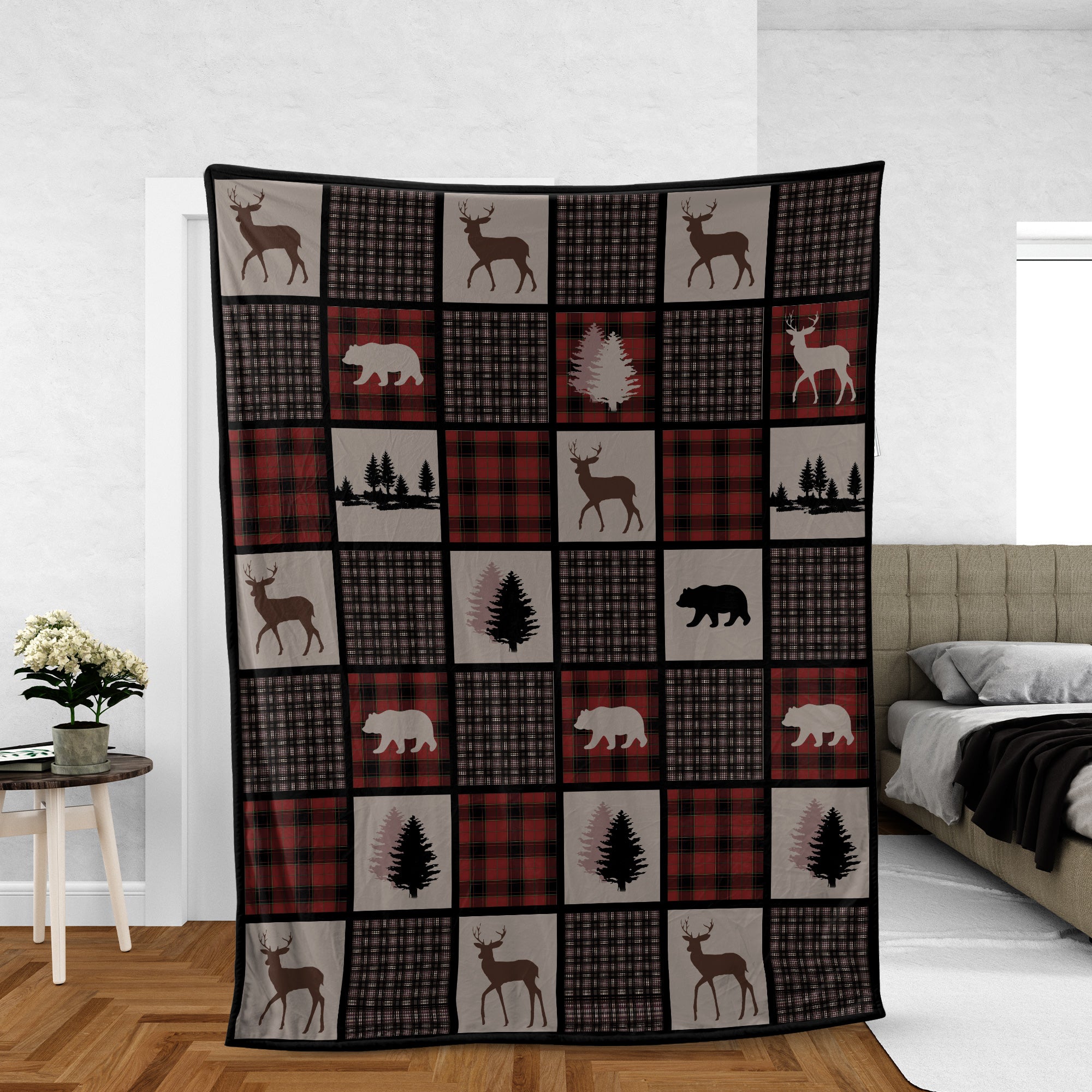 Rustic Hunting Cabin Fleece Blanket – Deer, Bear & Pine Tree - Cozy Gift for Hunters & Nature Lovers