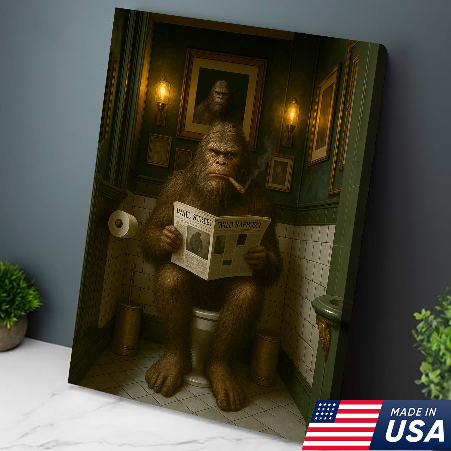 Funny Bigfoot Bathroom Wall Art – Rustic Hunting Cabin Toilet Humor Canvas Decor