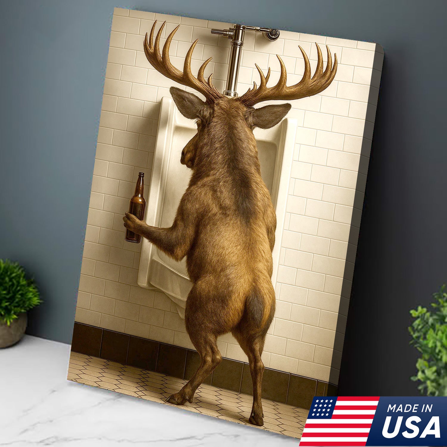 Funny Elk Canvas Wall Art - Rustic Bathroom Lodge Decor for Hunters - Unique Wildlife Cabin Print