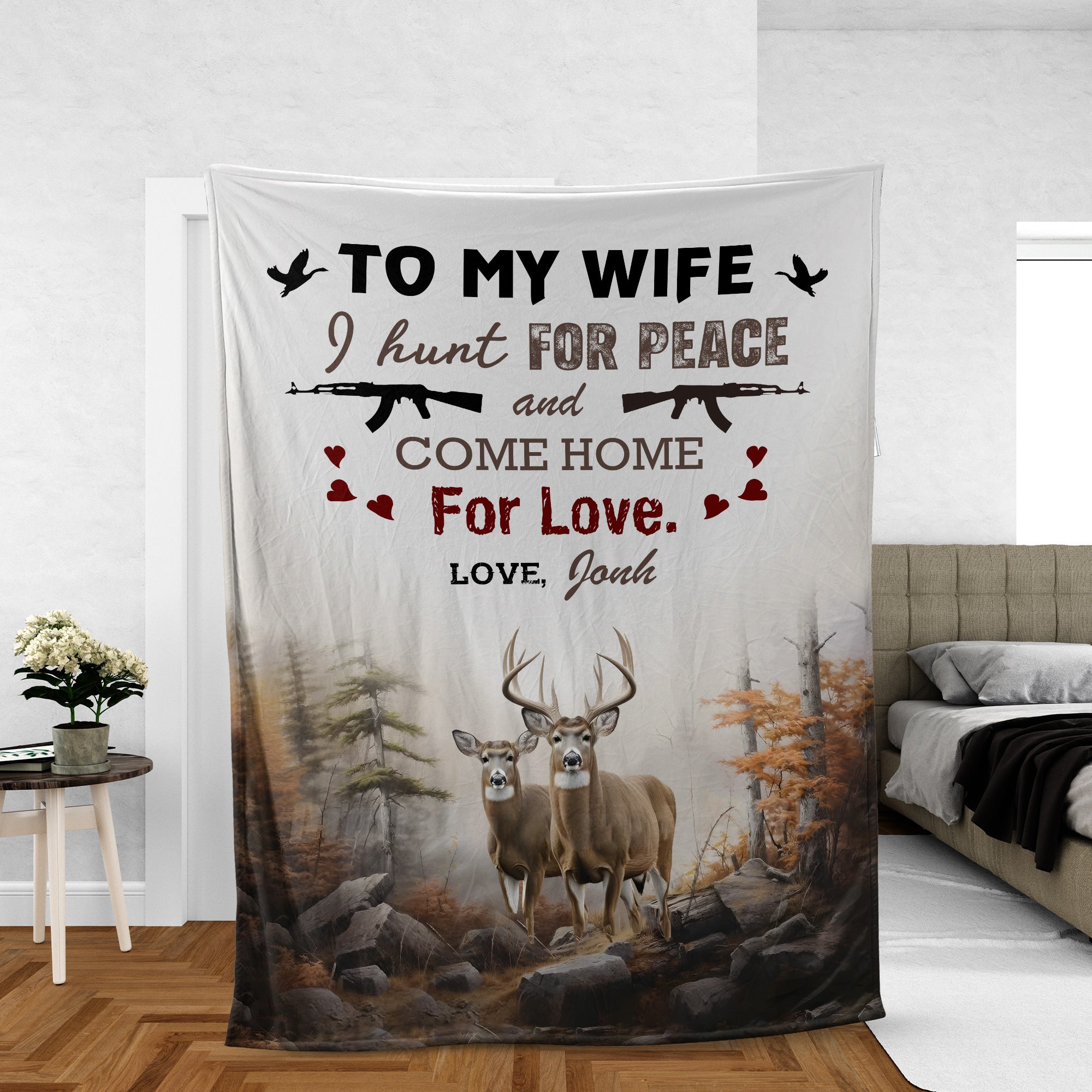 Personalized Deer Hunting “To My Wife, I Hunt for Peace and Come Home for Love” Fleece Blanket
