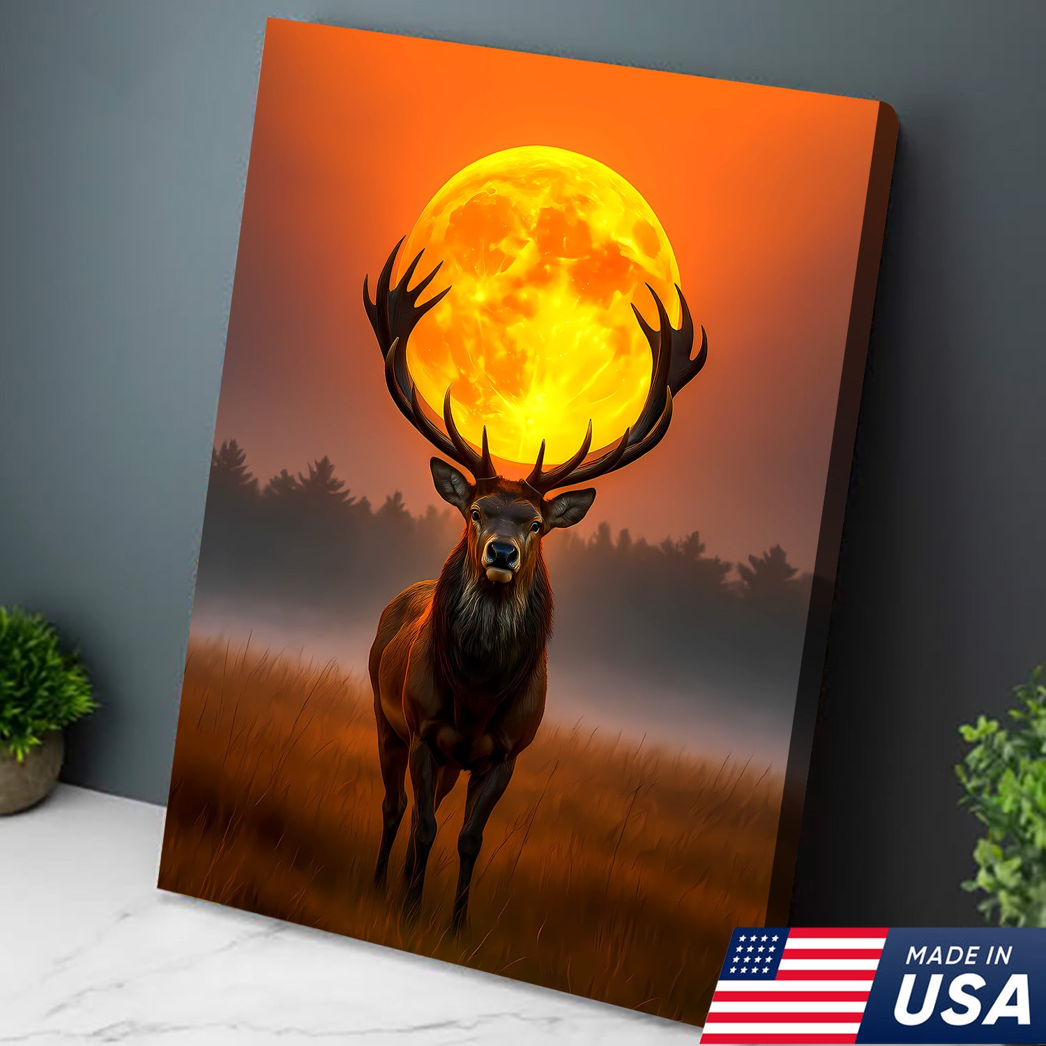 Majestic Elk Full Moon Canvas Wall Art – Hunting Cabin Decor Gift for Hunters