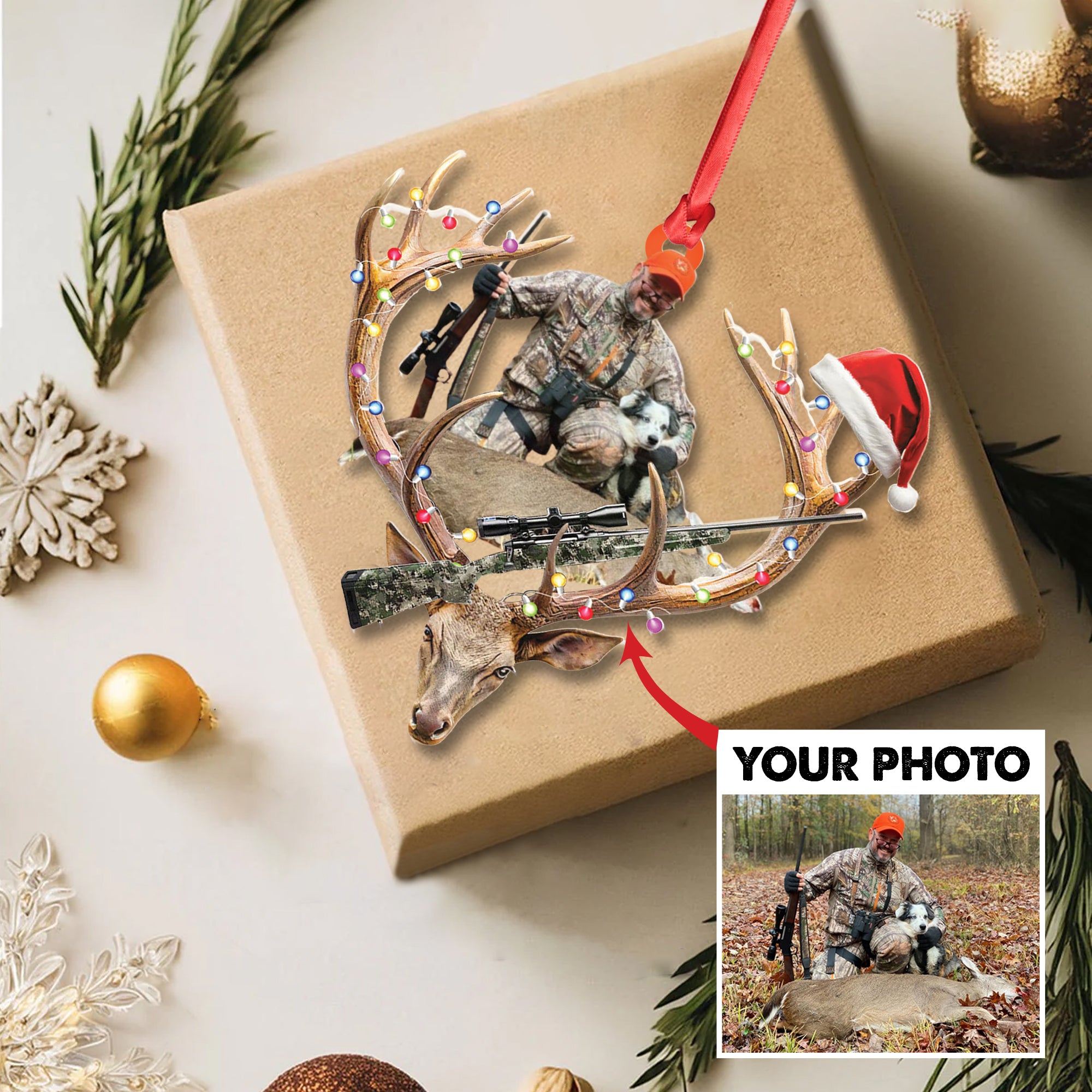 Personalized Hunting Aclyric Christmas Ornament – Custom Photo Deer Antler Gift for Hunters