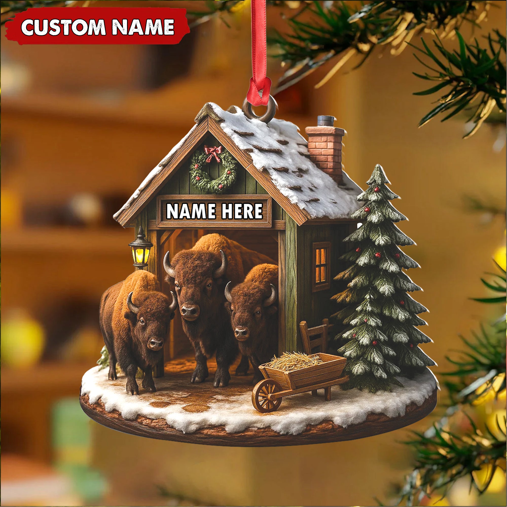 Personalized Acrylic Bison Christmas Ornament – Custom Buffalo Barn Holiday Decor