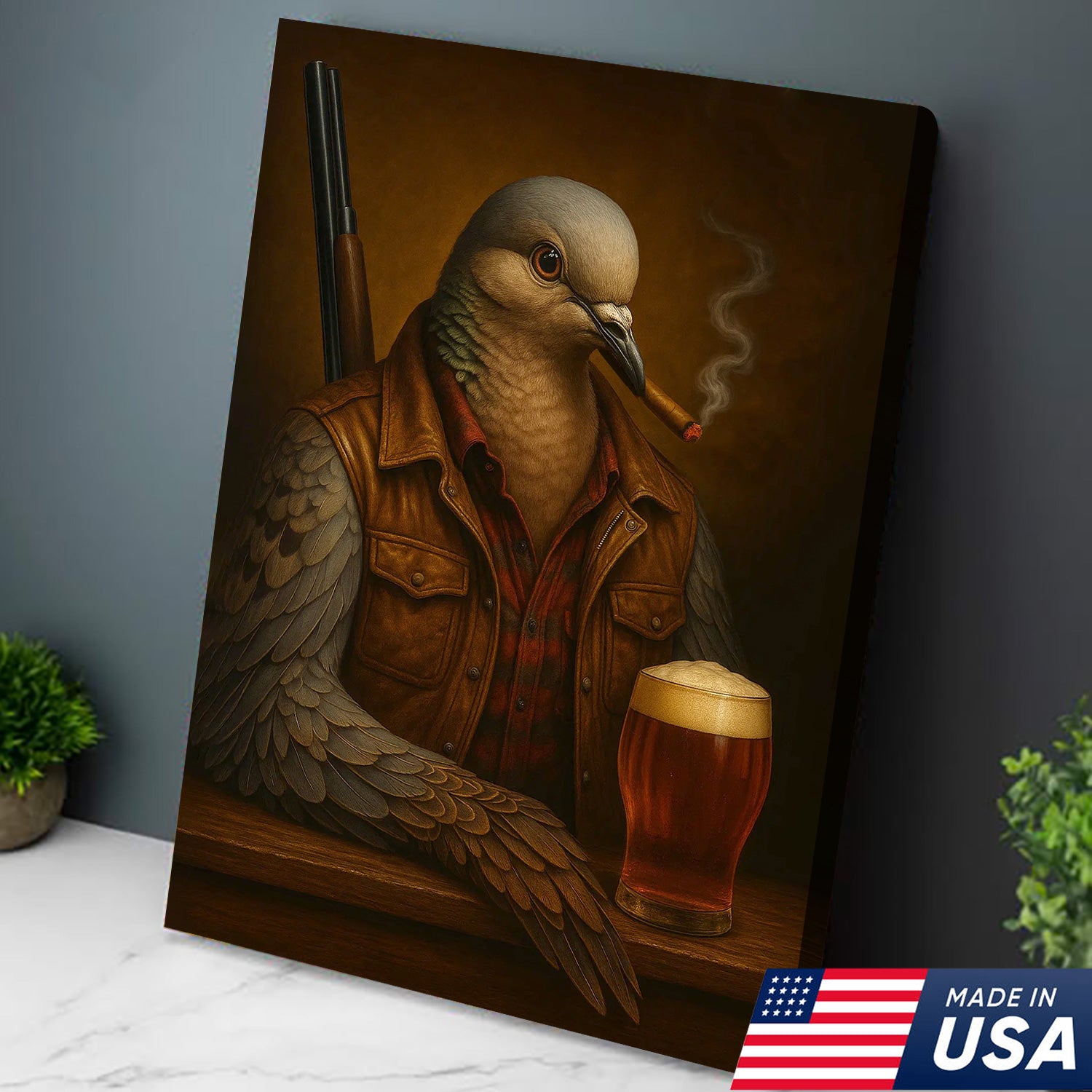 Mourning Dove Canvas Wall Art – Surreal Hunter Portrait with Beer Glass, Rustic Lodge Decor