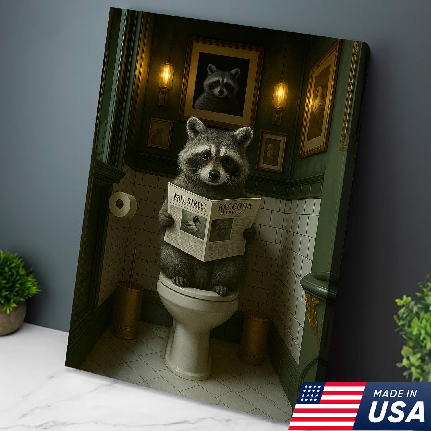 Funny Raccoon Bathroom Wall Art – Rustic Toilet Humor Cabin Canvas Decor, Gifts for Outdoorman