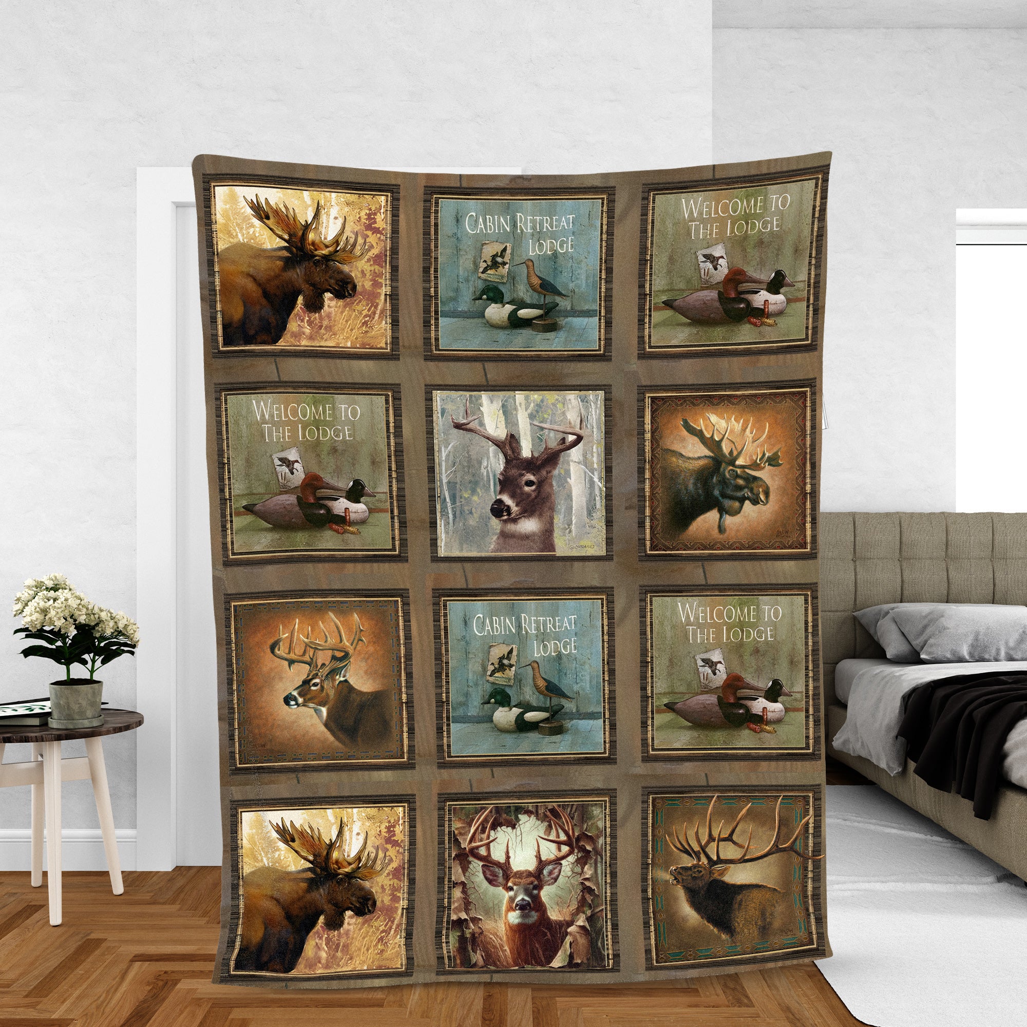 Rustic Wildlife Cabin Lodge Fleece Blanket – Deer, Moose, and Duck Hunting Retreat Fleece Blanket