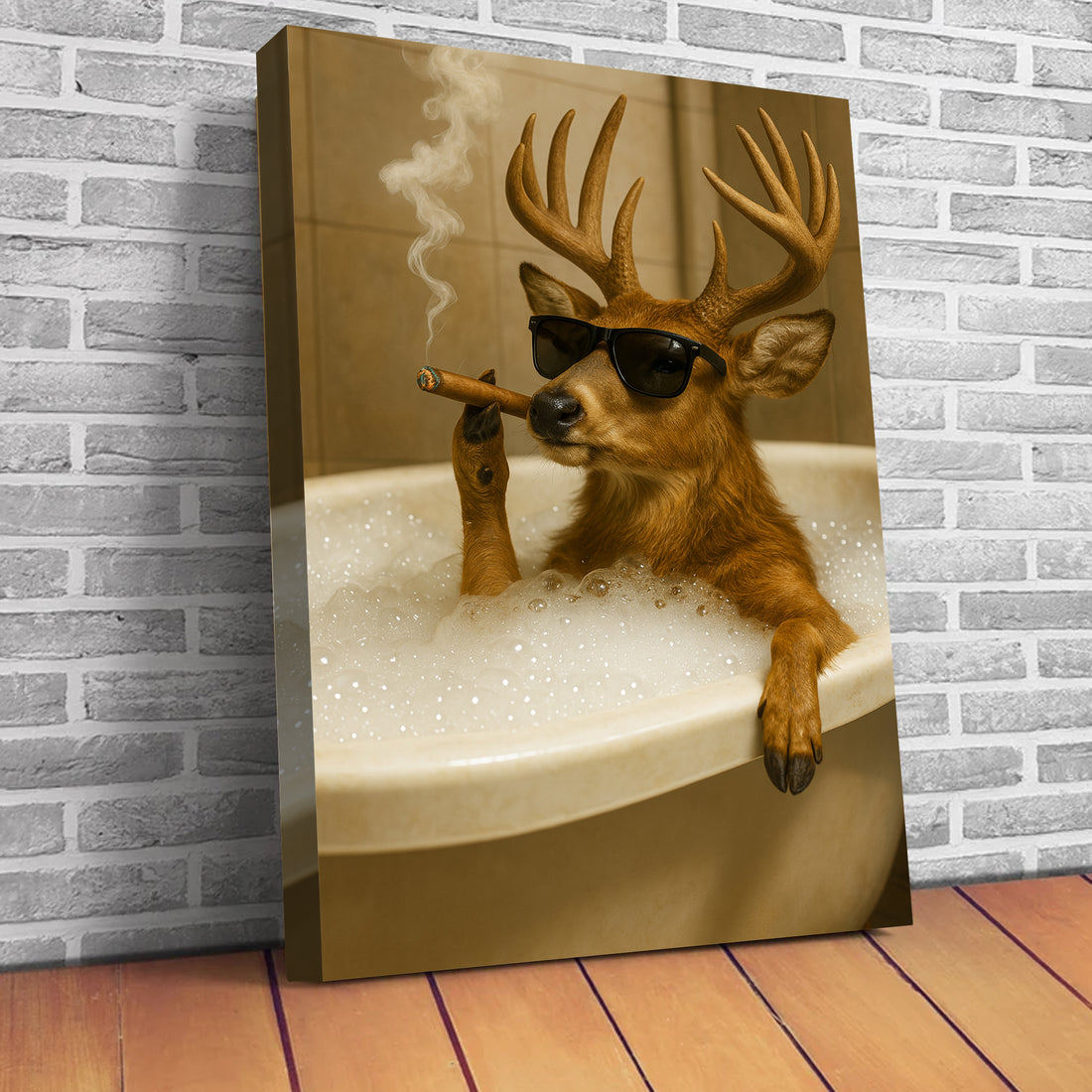 Funny Deer in Bathtub Canvas β Retro Animal Art Print with SunGlasses and Smoking for Unique Wall Decor