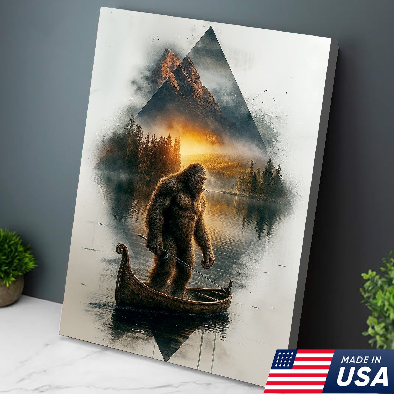 Bigfoot Fishing On Wooden Boat Adventure Canvas Wall Art – Mysterious Forest Lake Decor – Rustic Cabin & Lodge Artwork
