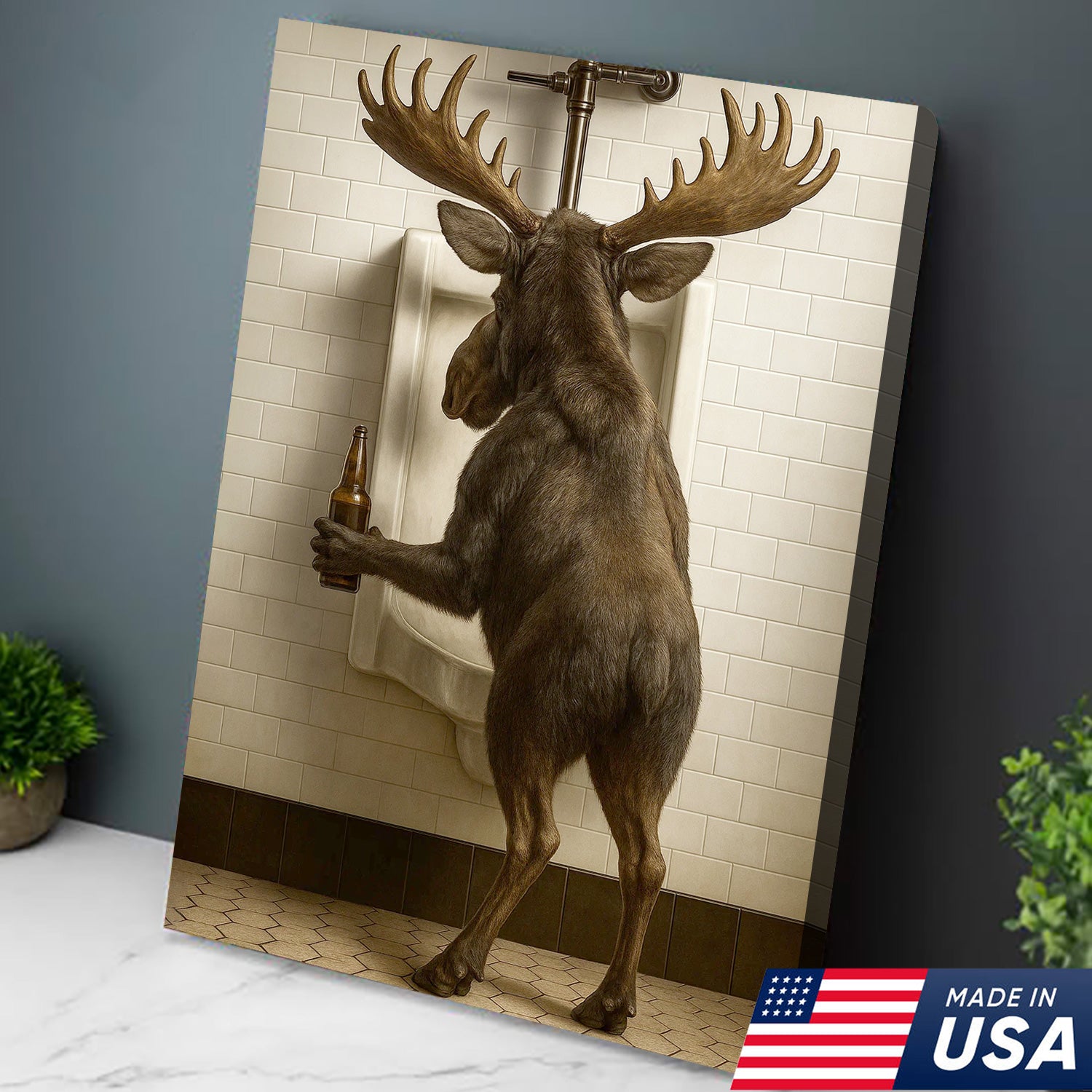 Moose Bathroom Canvas Wall Art - Funny Rustic Lodge Decor for Cabin and Hunting Enthusiasts - Wildlife Humor Print