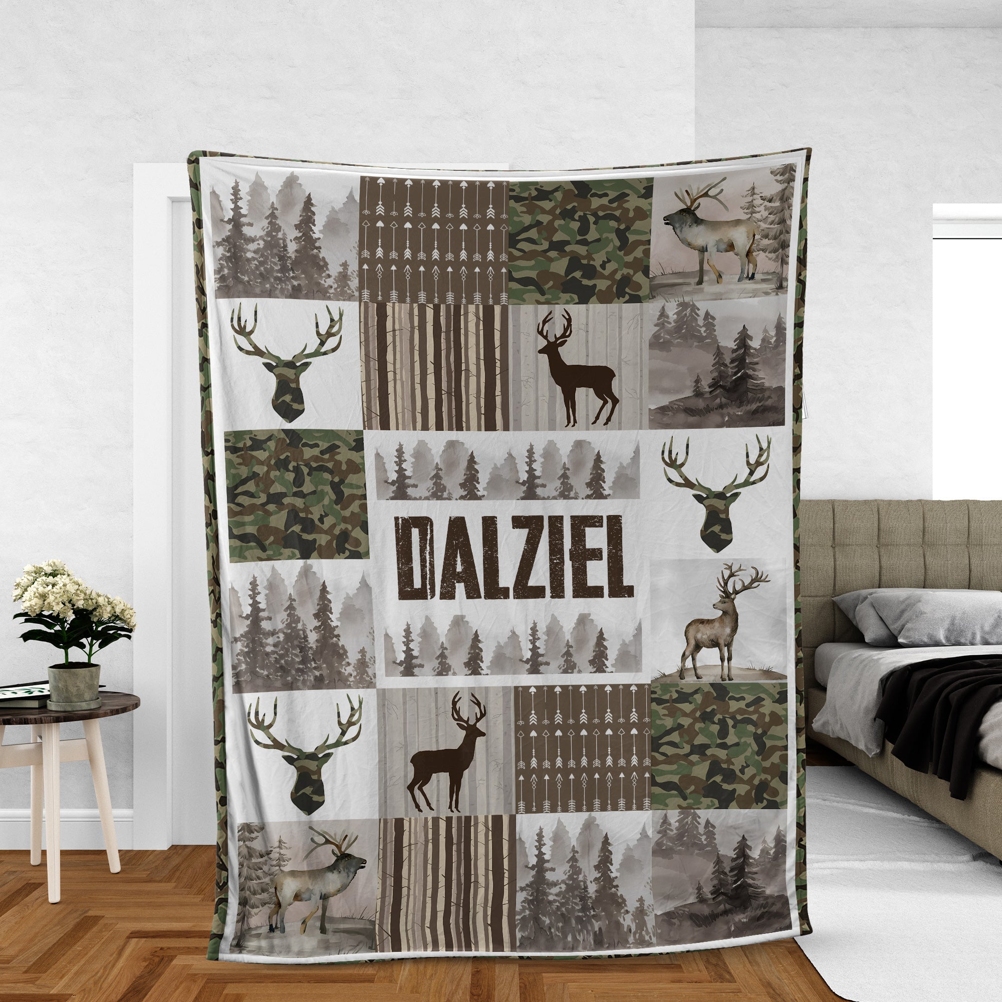 Personalized Rustic Camo Deer Blanket – Camo & Forest Patchwork Cabin Decor