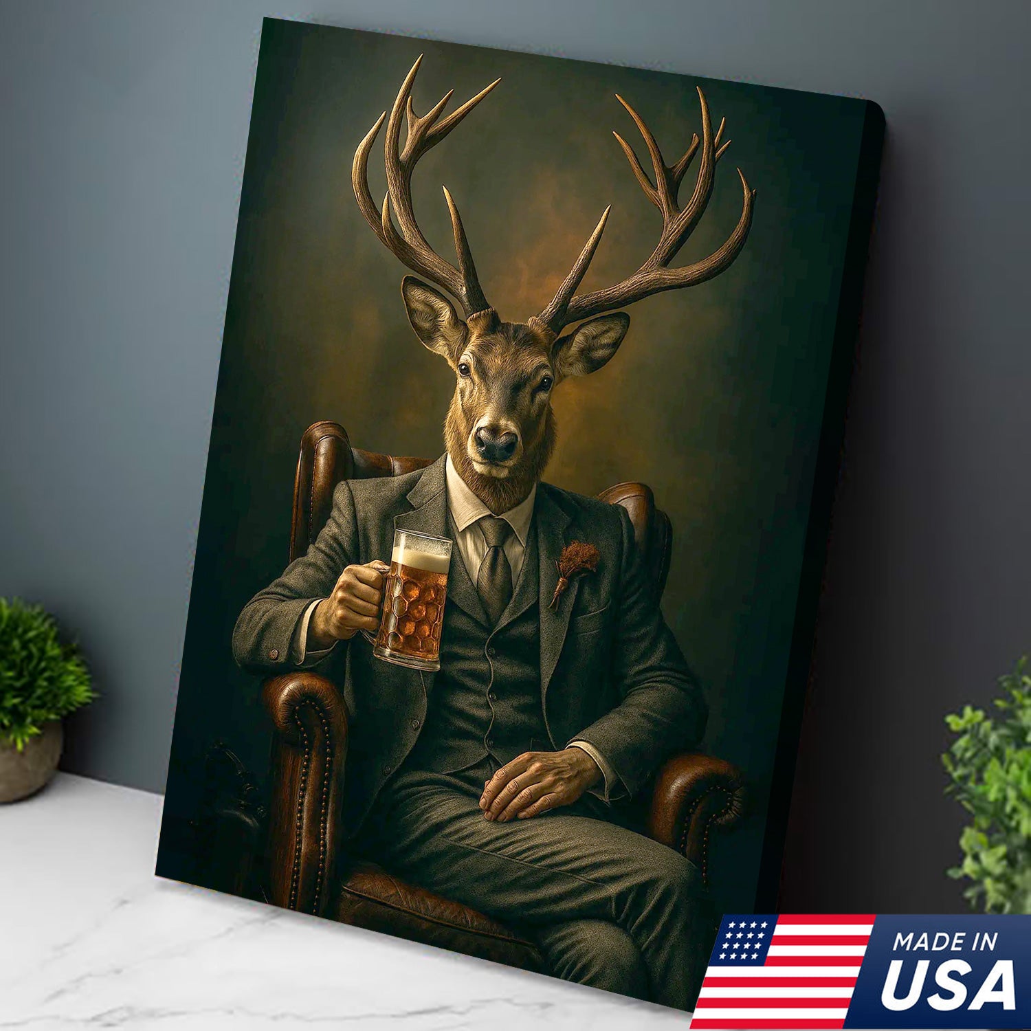 Deer Canvas Wall Art – Sophisticated Buck in Suit Holding Beer Rustic Lodge Decor for Hunters