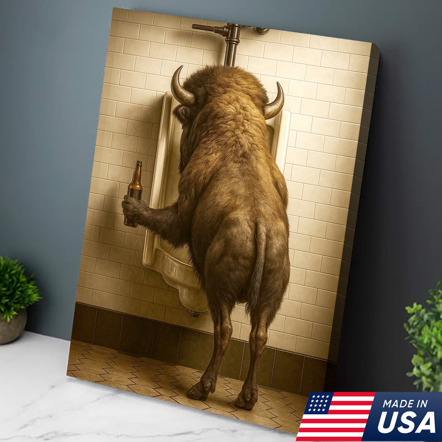 Funny Bison Canvas Wall Art - Rustic Bathroom Lodge Decor for Hunters - Unique Wildlife Cabin Print