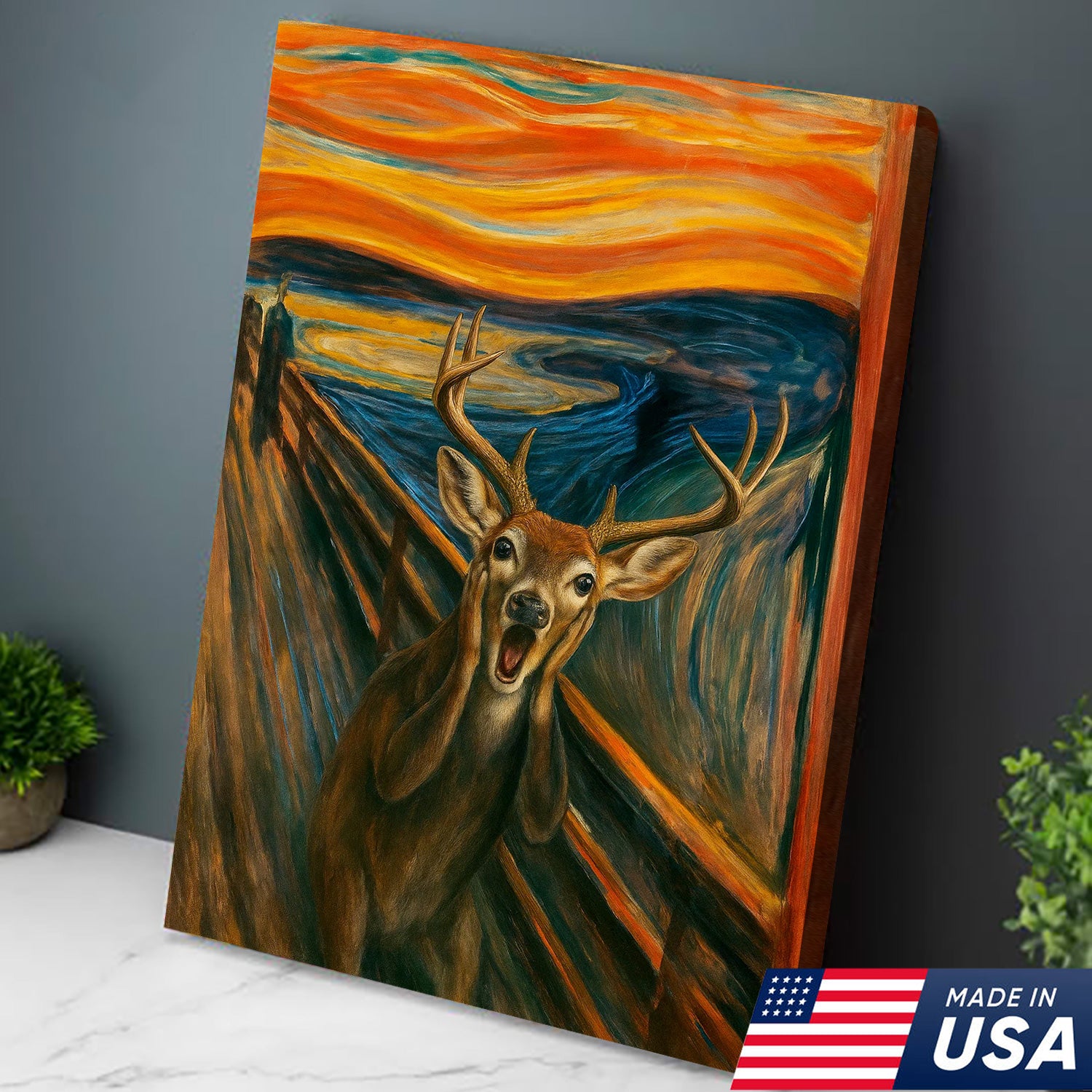 Funny Deer Wall Art Canvas – The Scream Parody Hunting Decor – Rustic Wildlife Home Decoration