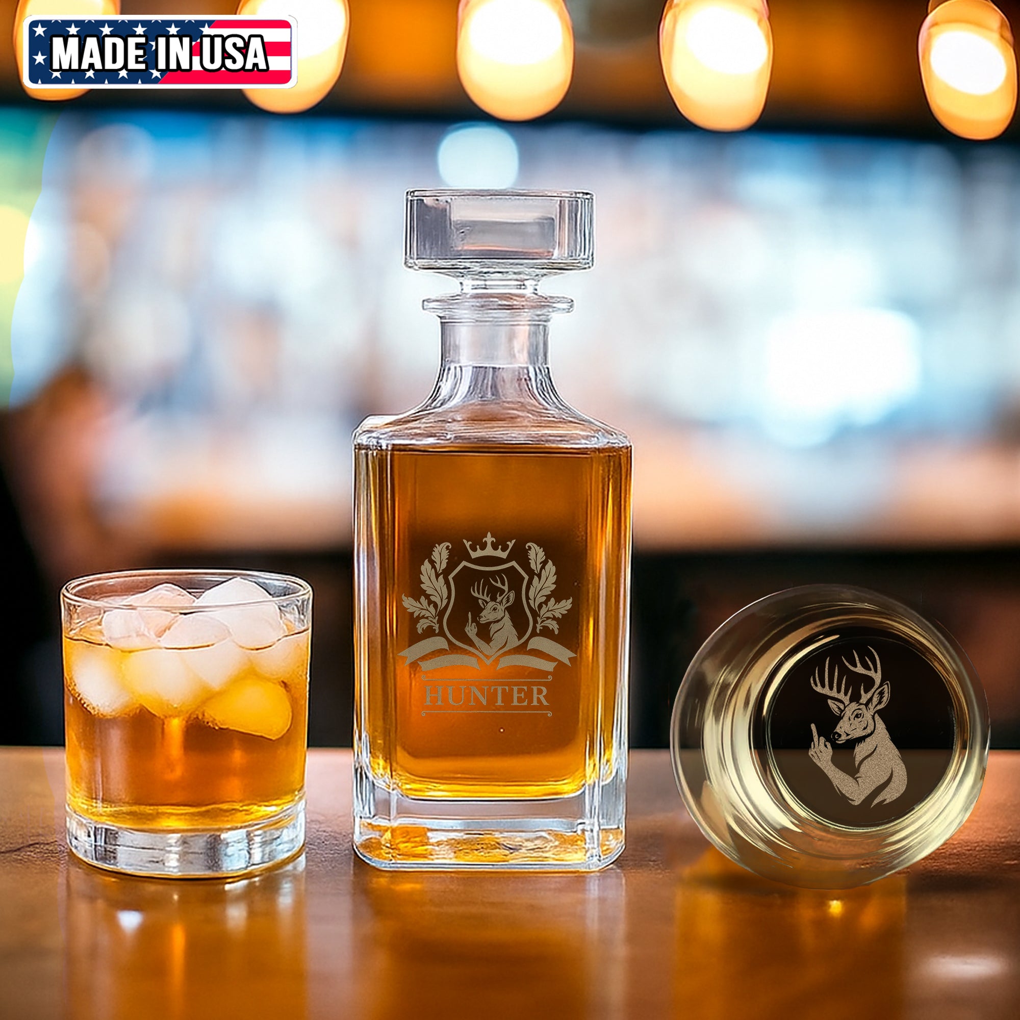 Luxury Deer Hunting Whiskey Decanter & Glass Set – Engraved Buck Glass Gift for Men & Outdoors Lovers