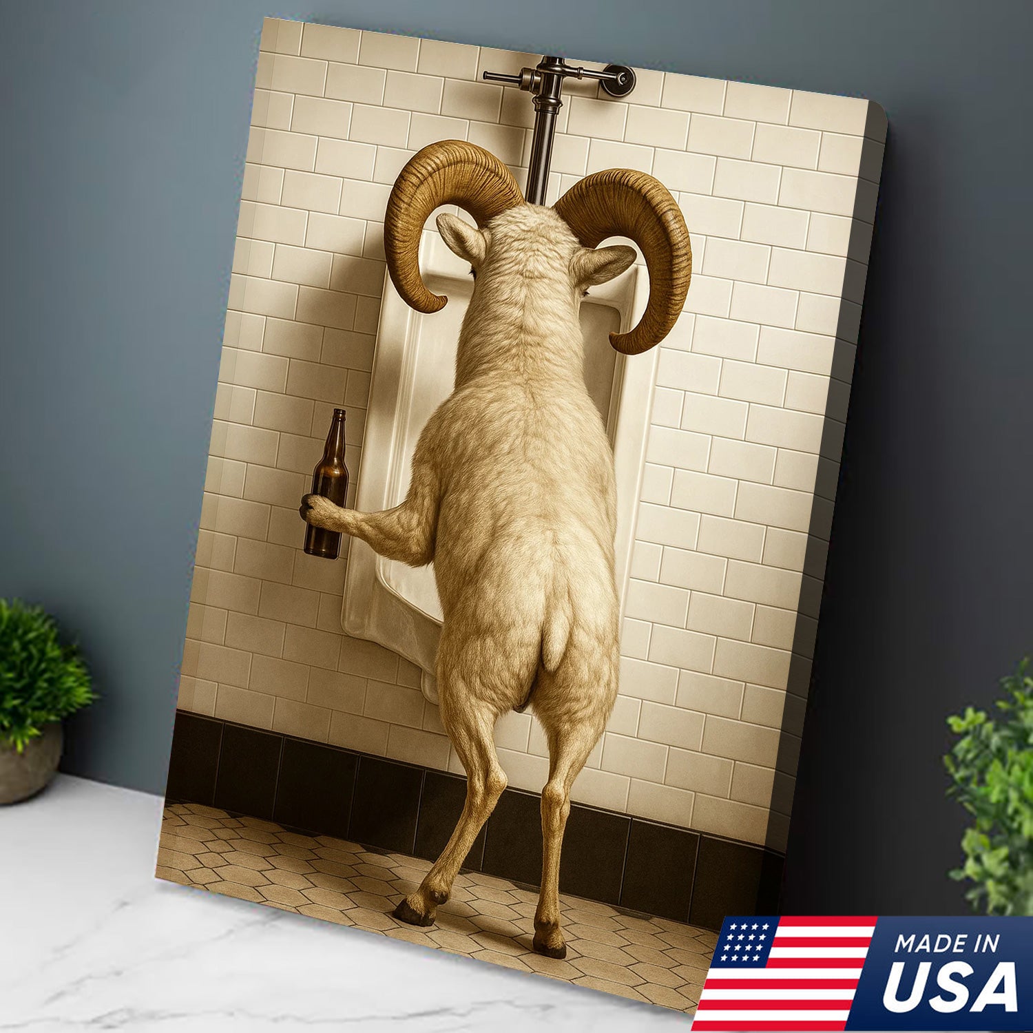 Whimsical Dall Sheep Canvas Wall Art - Funny Rustic Bathroom Decor for Cabin, Farmhouse, and Lodge - Wildlife Humor Print