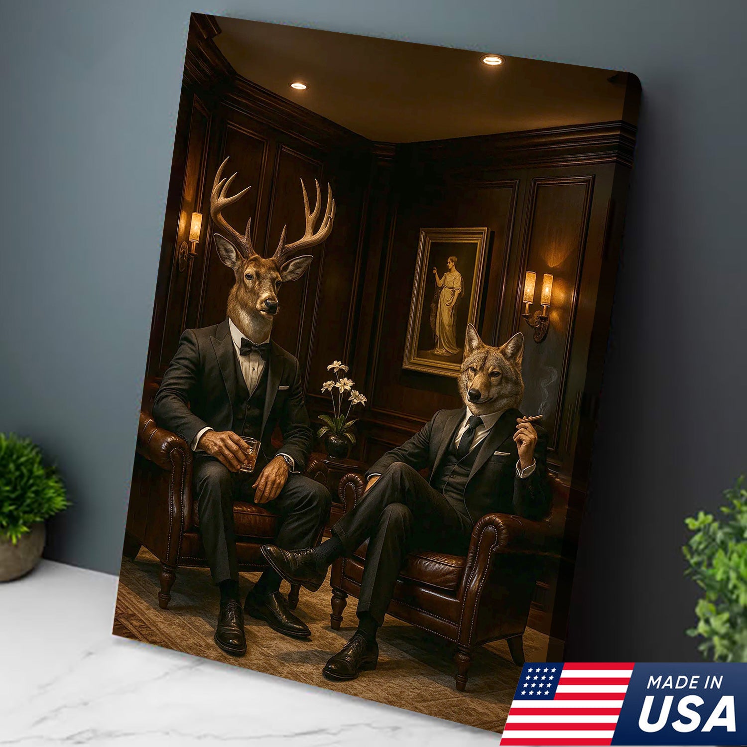 Elegant Deer and Wolf Canvas Wall Art - Sophisticated Animal Portrait in Suits, Luxury Rustic Decor for Living Room & Office