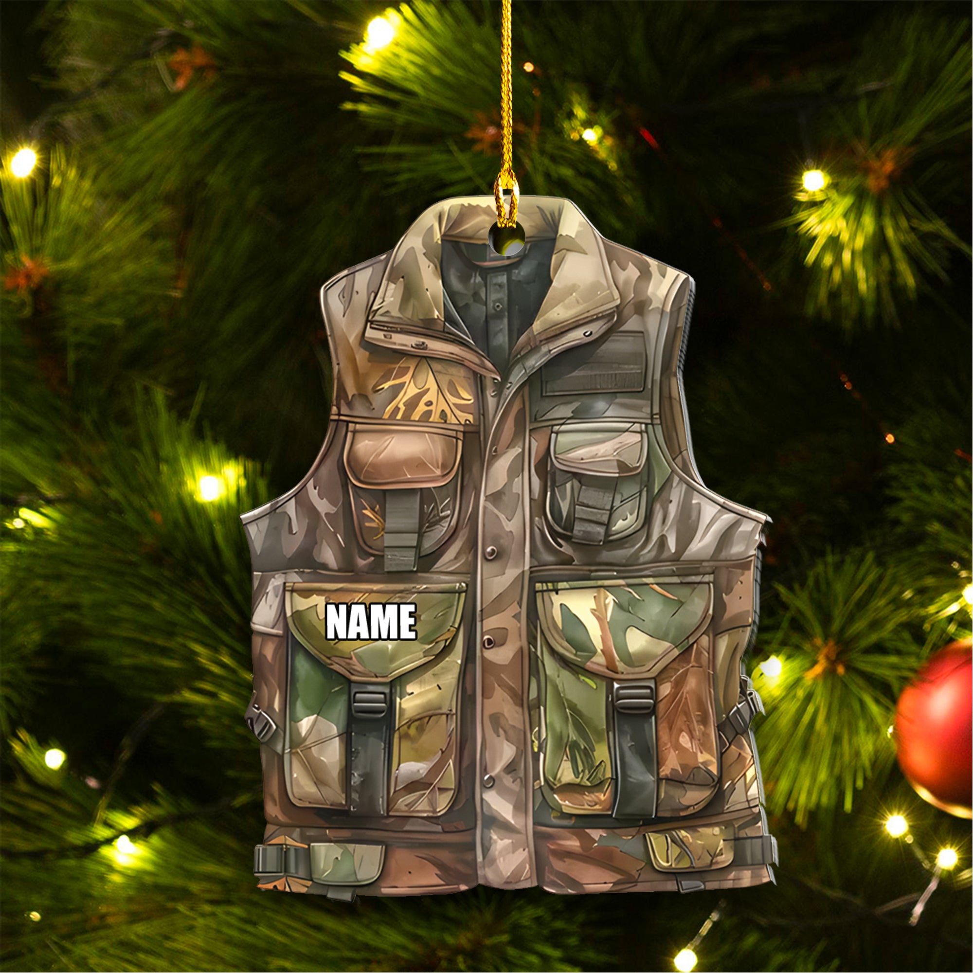 Personalized Camo Hunting Vest Ornament – Custom Name Christmas Tree Decoration Gift for Hunters