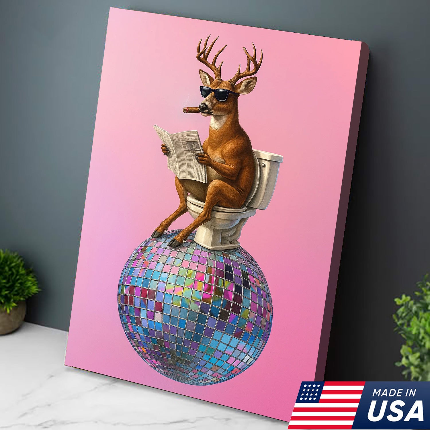 Deer Canvas Wall Art – Funny Buck Reading Newspaper on Toilet with Disco Ball Unique Bathroom Decor