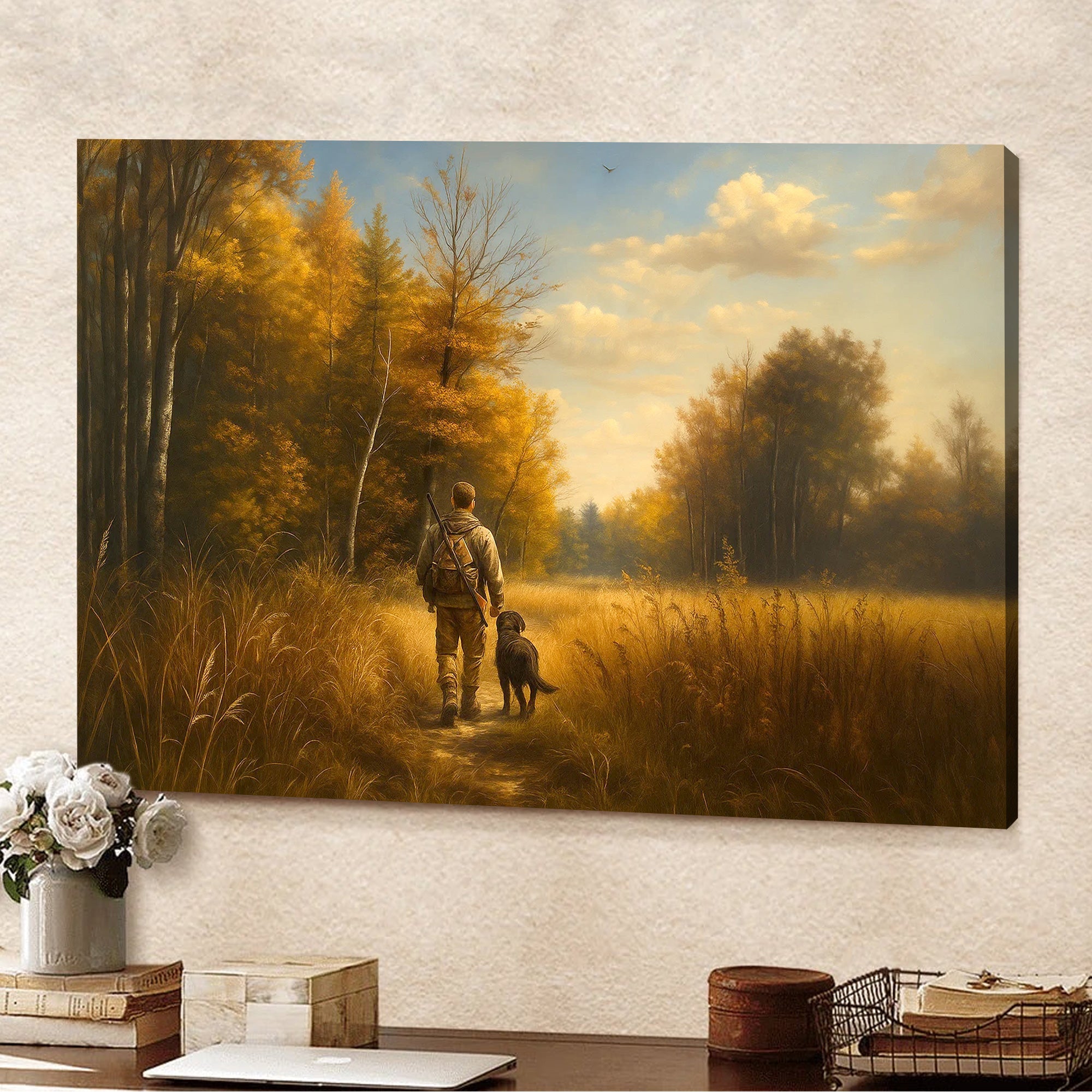 Hunting Canvas Wall Art – Hunter Walking with Dog in Autumn Forest – Rustic Wildlife Wall Decor for Cabin and Lodge
